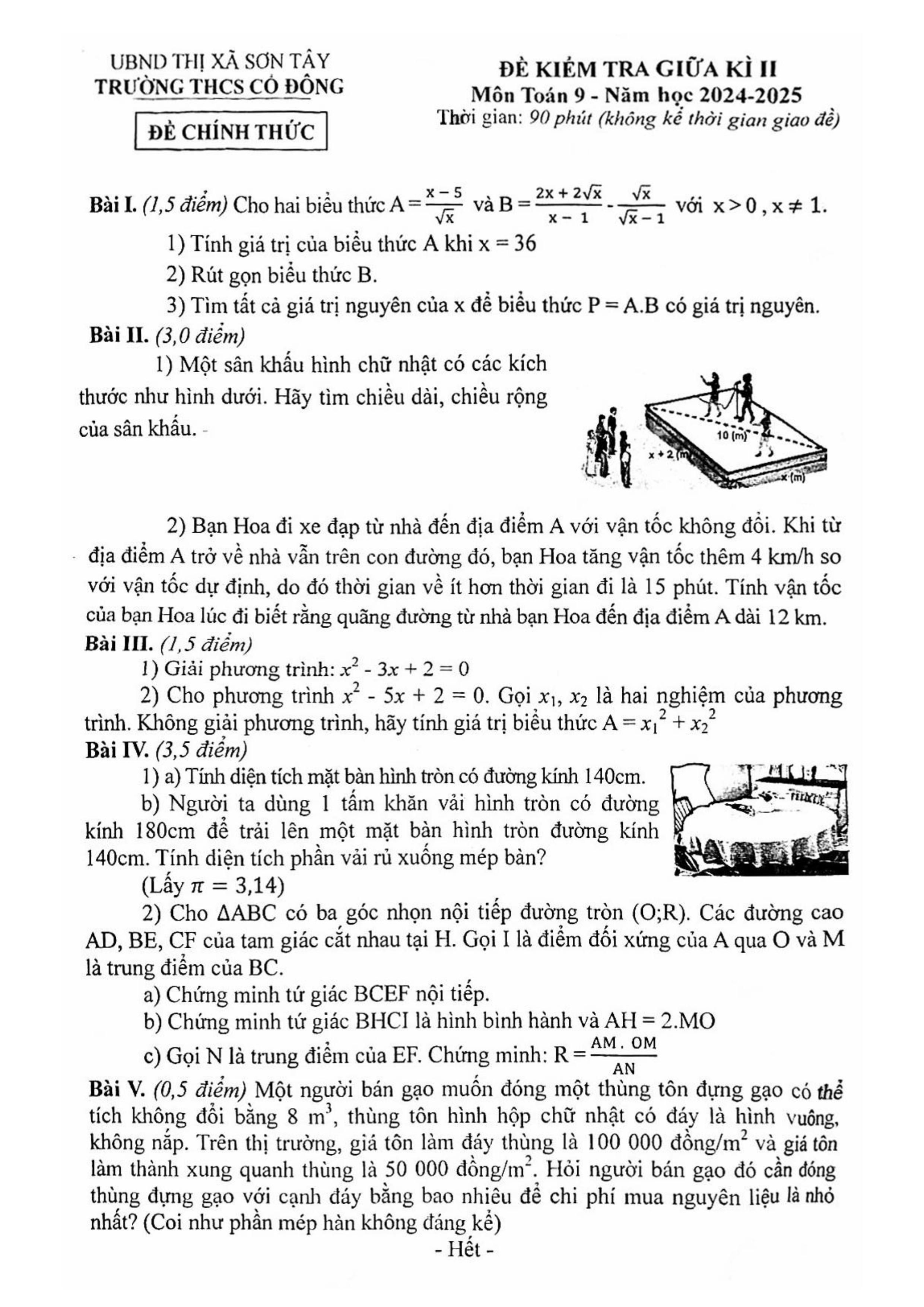 Đề thi Giữa kì 2 Toán 9 trường THCS Cổ Đông (Hà Nội) năm 2024–2025