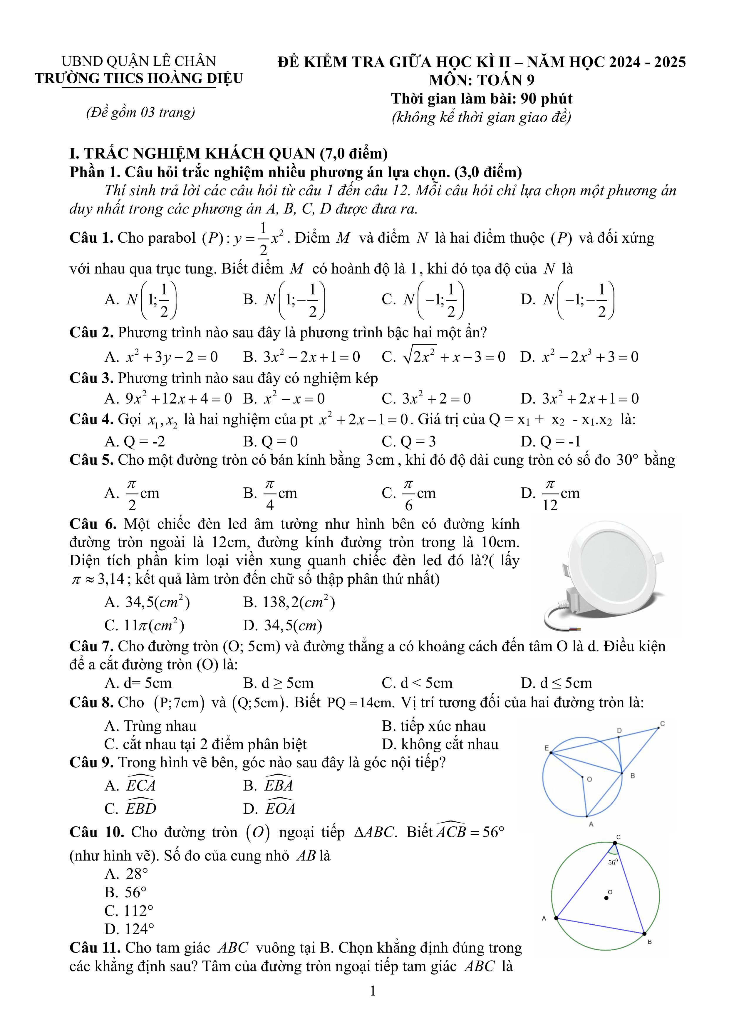 Đề thi Giữa kì 2 Toán 9 trường THCS Hoàng Diệu (Hải Phòng) năm 2024–2025