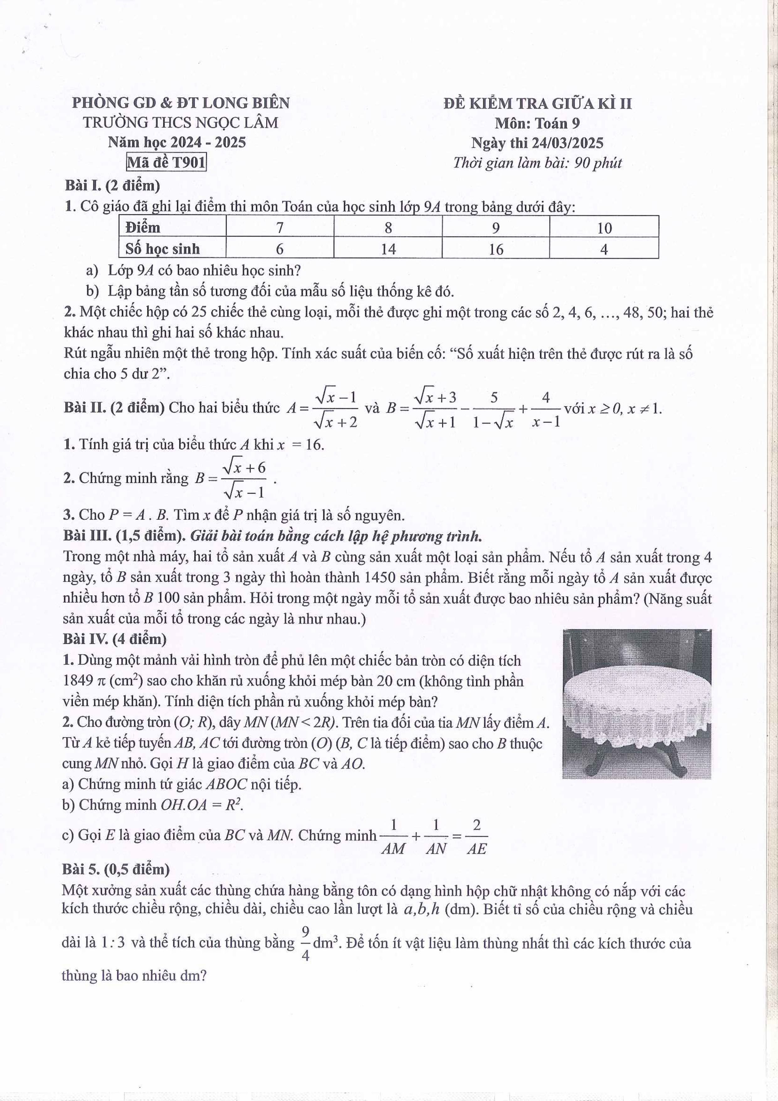 Đề thi Giữa kì 2 Toán 9 trường THCS Ngọc Lâm (Hà Nội) năm 2024–2025