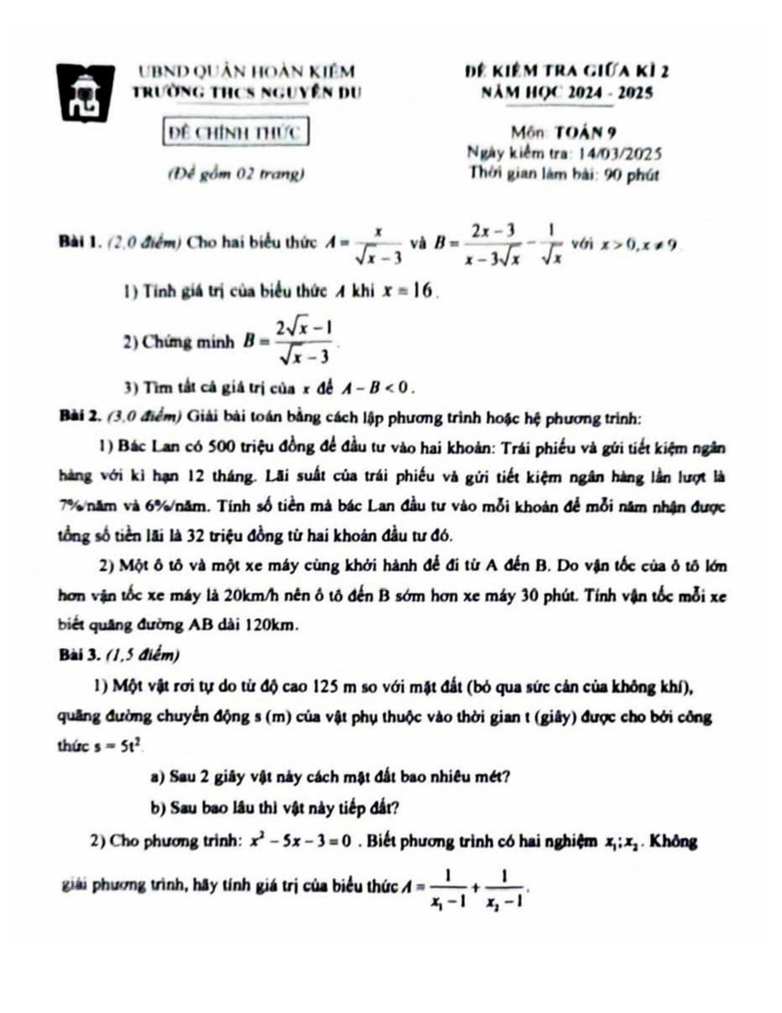 Đề thi Giữa kì 2 Toán 9 trường THCS Nguyễn Du (Hà Nội) năm 2024–2025