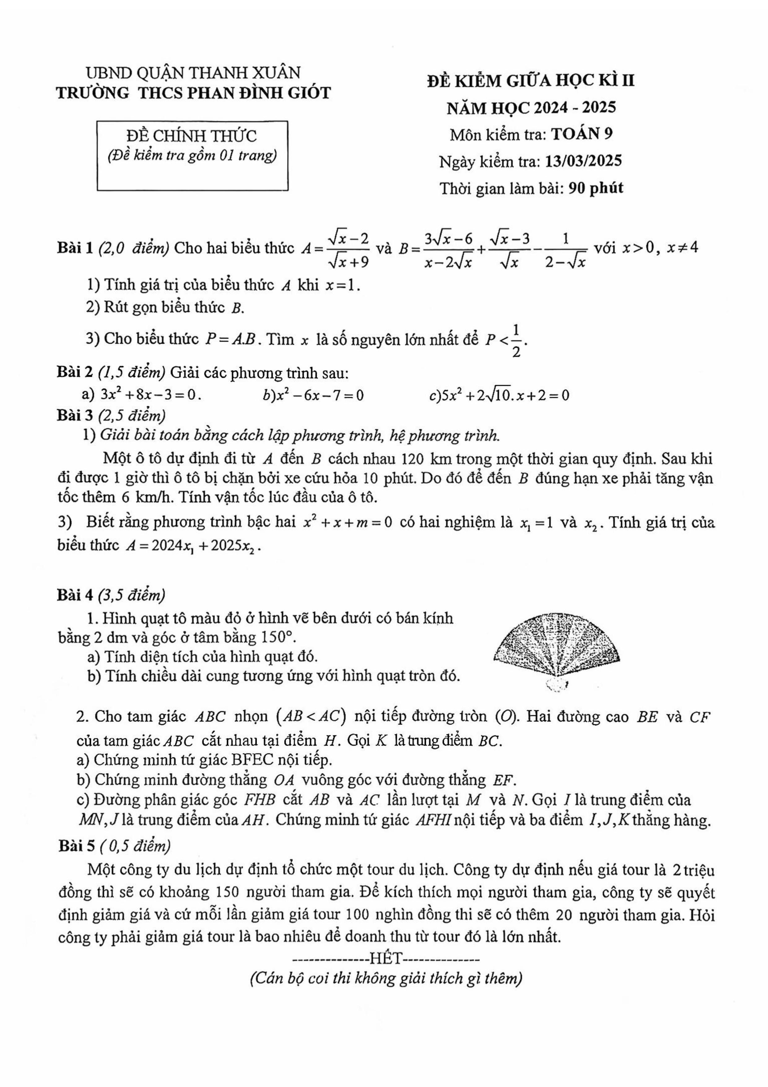 Đề thi Giữa kì 2 Toán 9 trường THCS Phan Đình Giót (Hà Nội) năm 2024–2025