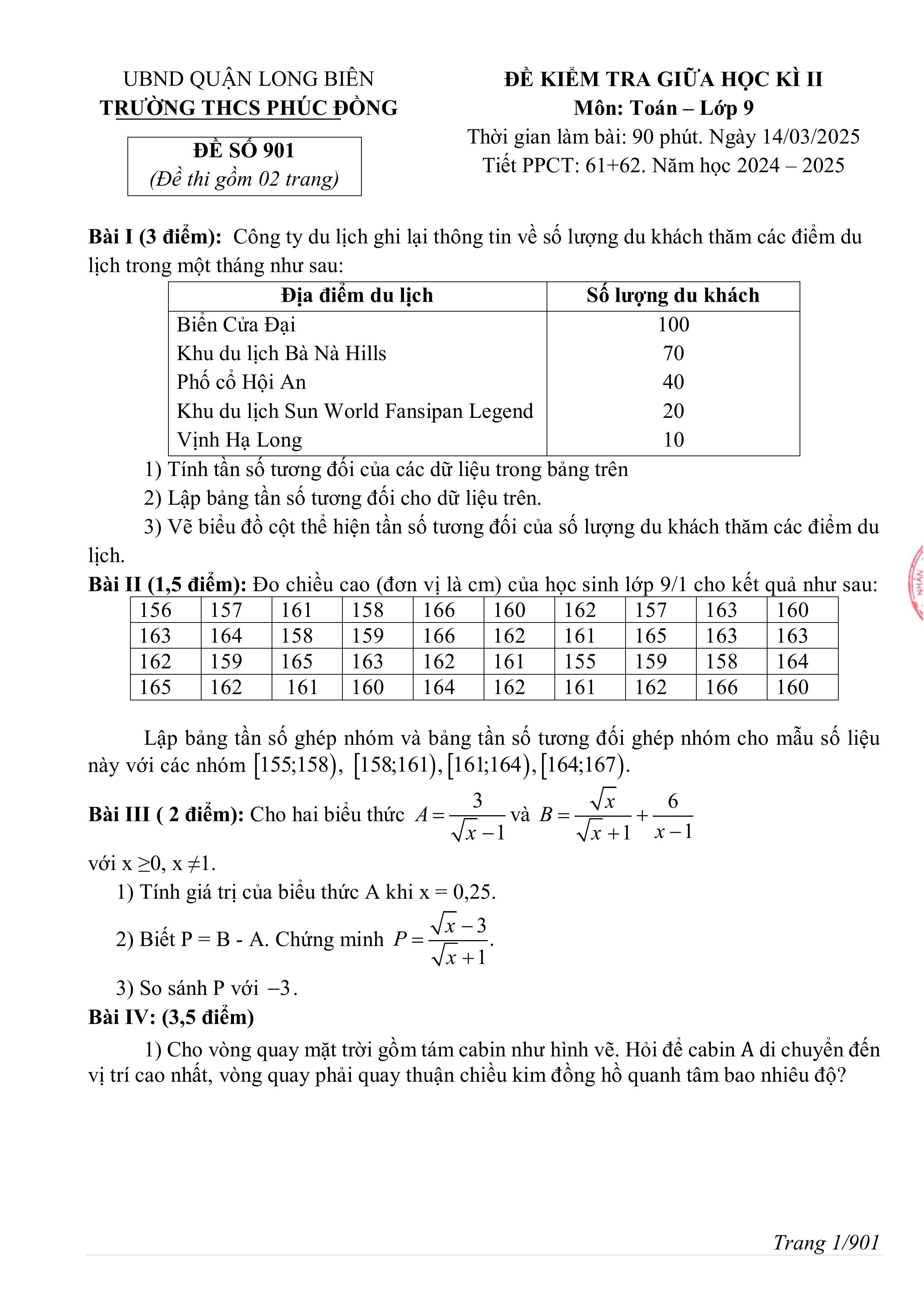 Đề thi Giữa kì 2 Toán 9 trường THCS Phúc Đồng (Hà Nội) năm 2024–2025