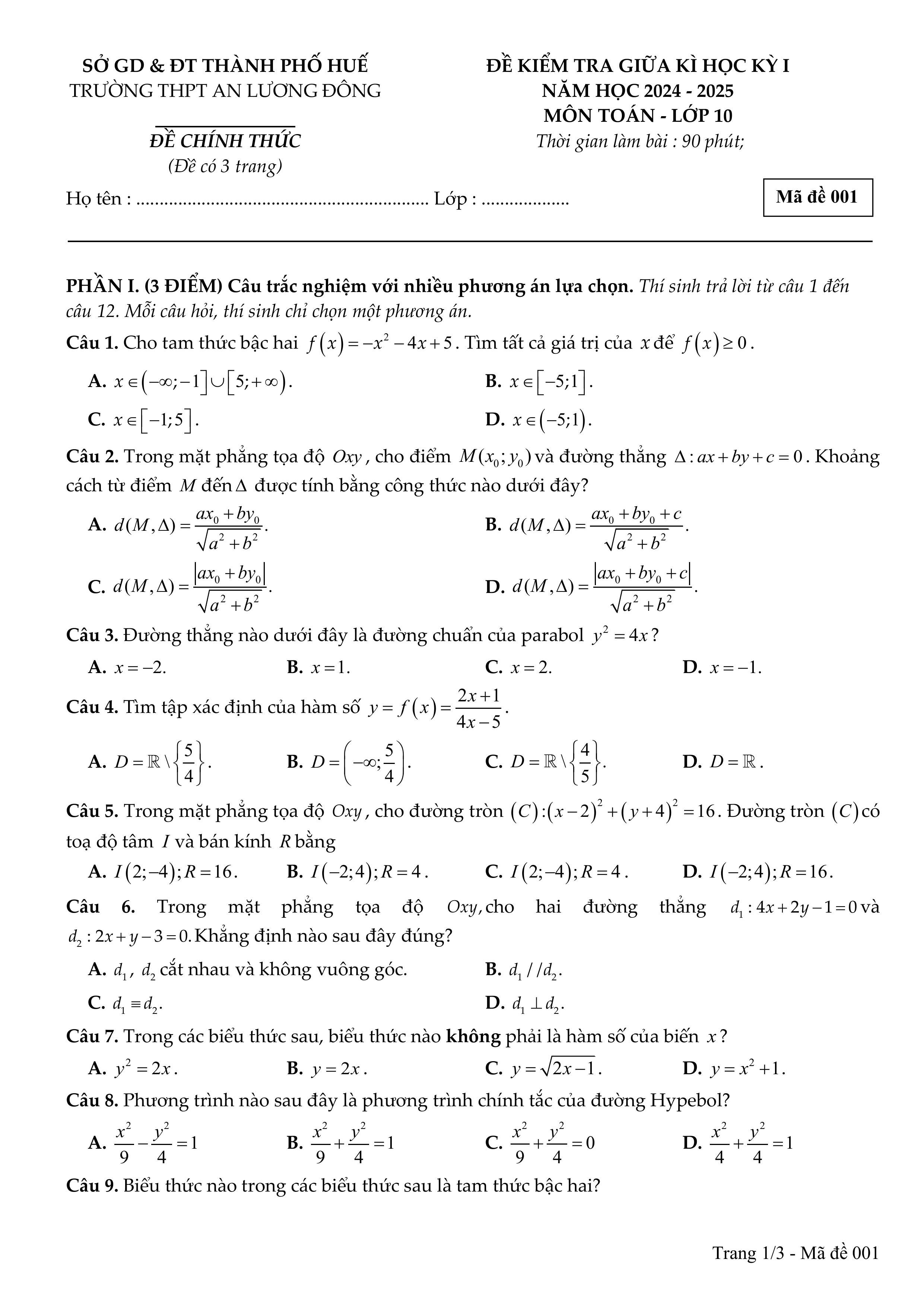 Đề thi Giữa kì 2 Toán 10 trường THPT An Lương Đông (Huế) năm 2024–2025