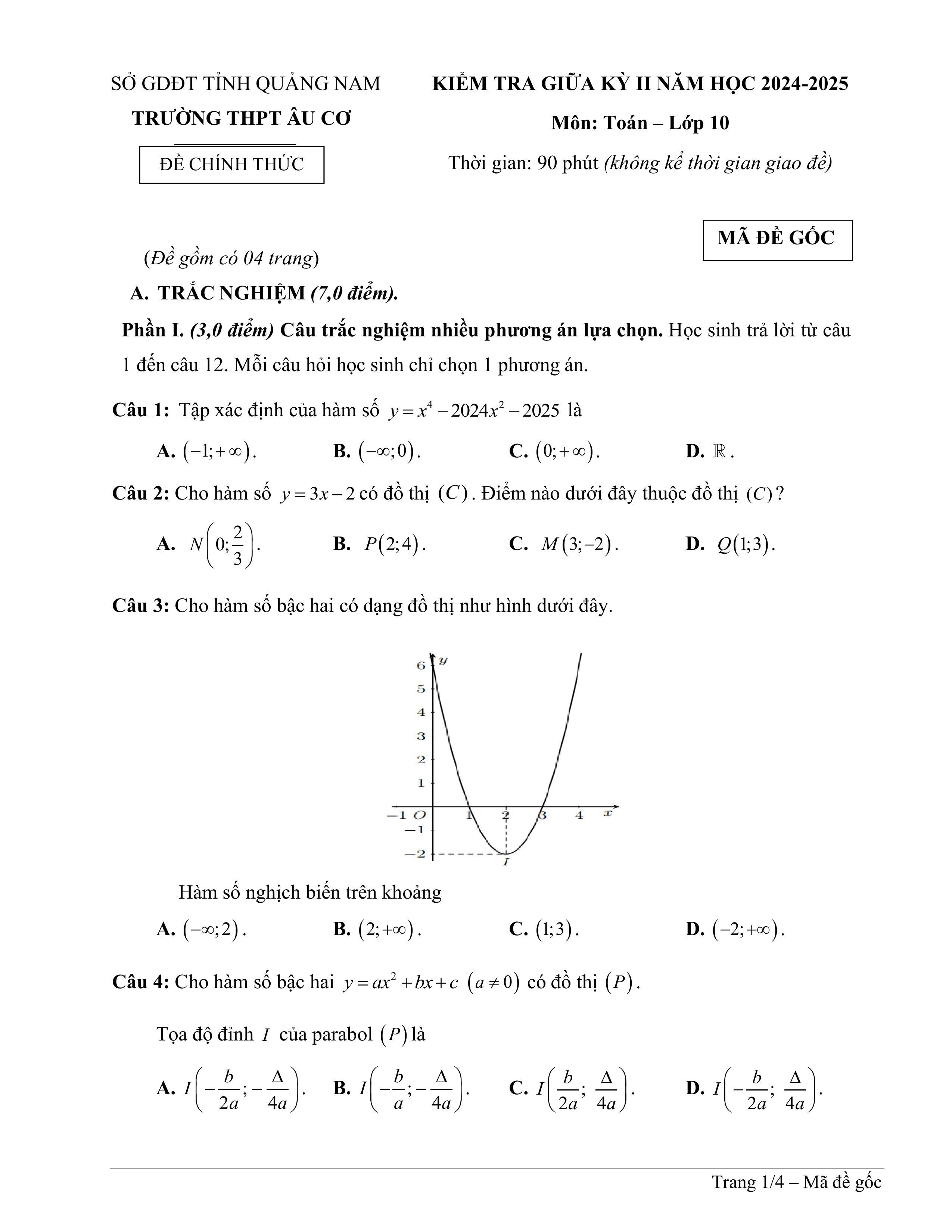 Đề thi Giữa kì 2 Toán 10 trường THPT Âu Cơ (Quảng Nam) năm 2024–2025