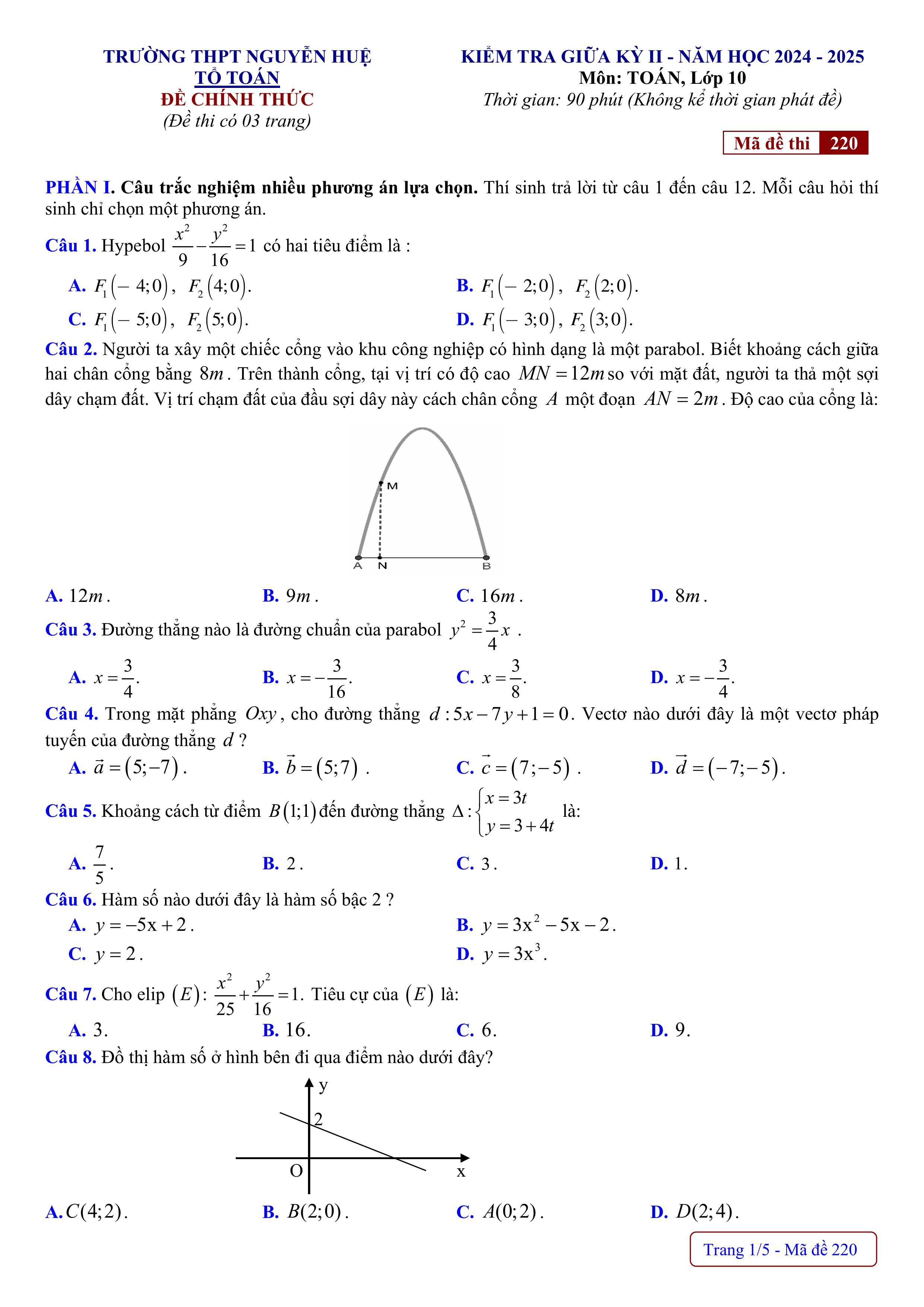 Đề thi Giữa kì 2 Toán 10 trường THPT Nguyễn Huệ (Huế) năm 2024–2025