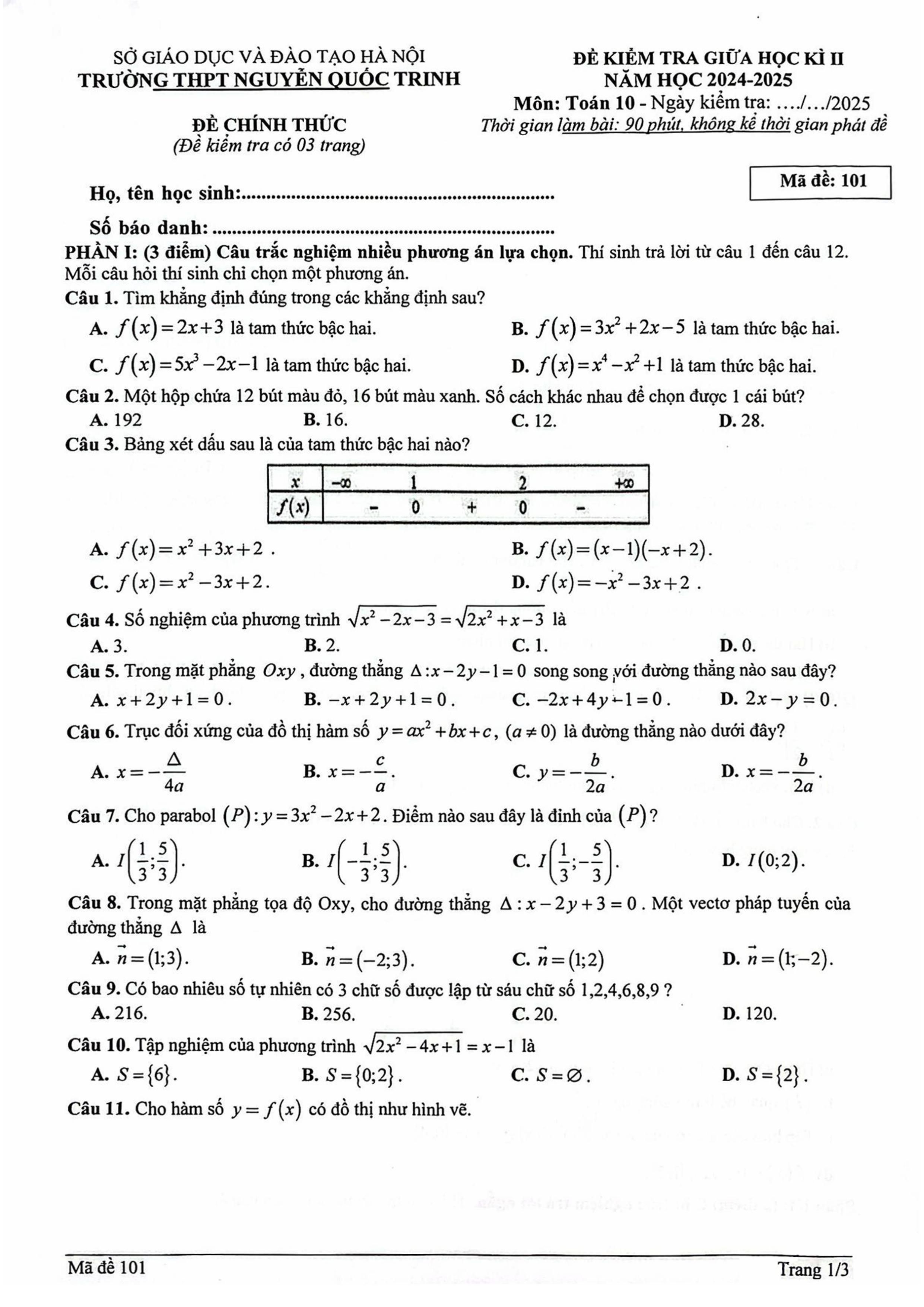 Đề thi Giữa kì 2 Toán 10 trường THPT Nguyễn Quốc Trinh (Hà Nội) năm 2024–2025