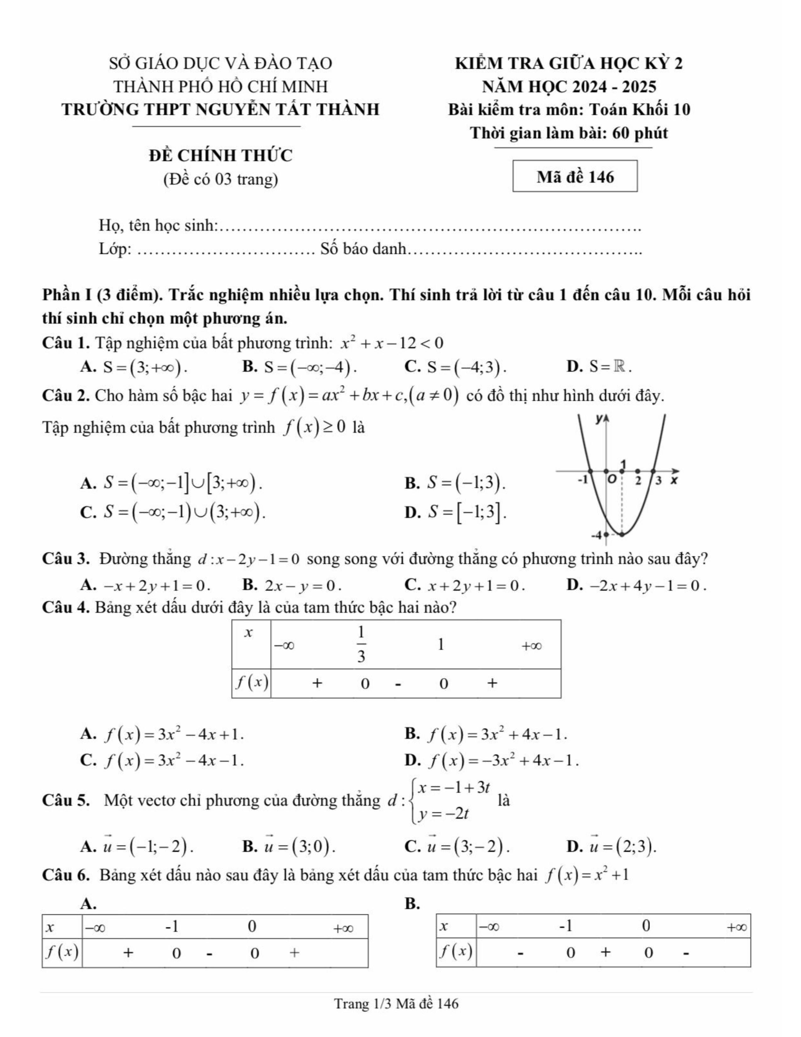Đề thi Giữa kì 2 Toán 10 trường THPT Nguyễn Tất Thành (Hồ Chí Minh) năm 2024–2025