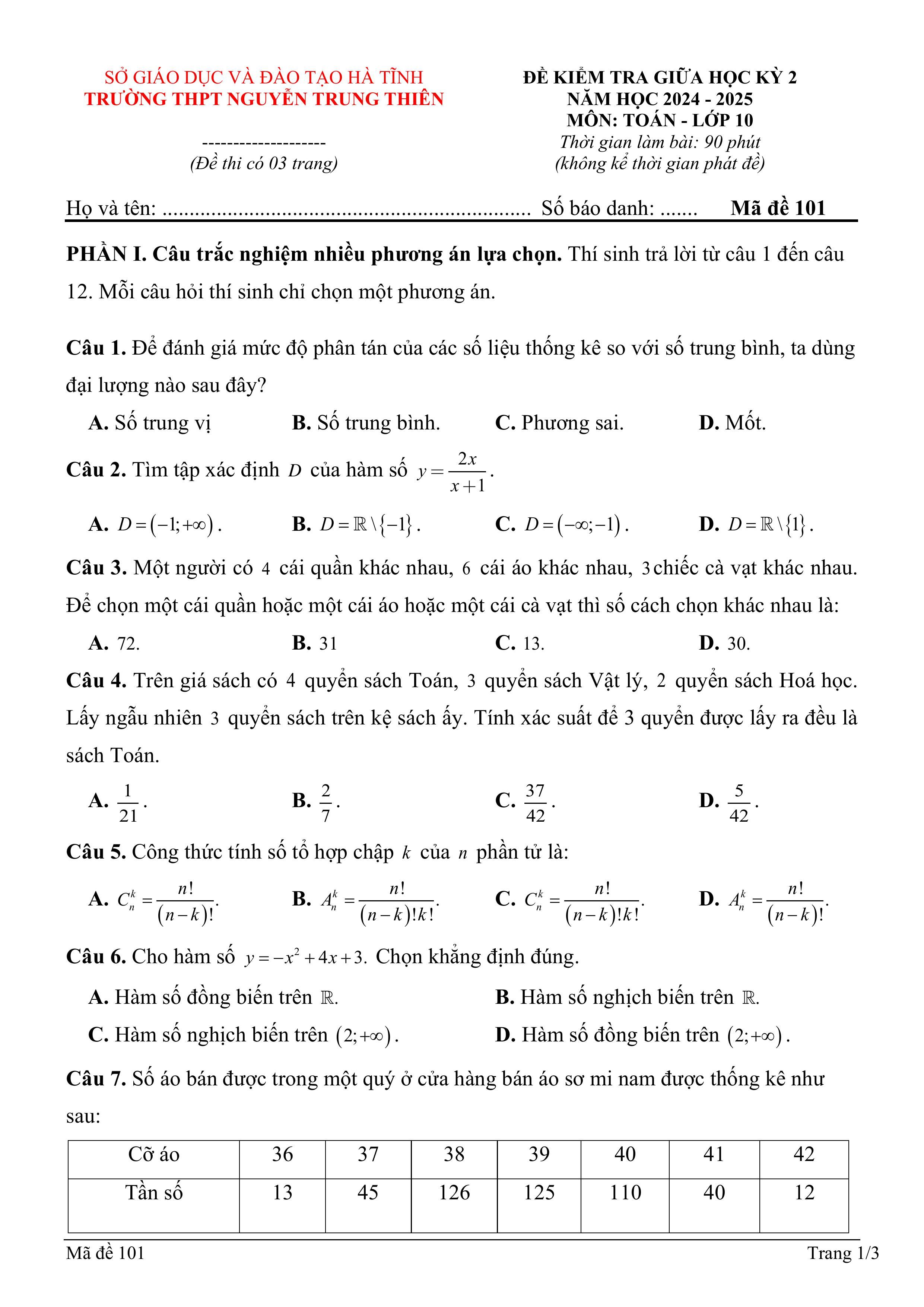 Đề thi Giữa kì 2 Toán 10 trường THPT Nguyễn Trung Thiên (Hà Tĩnh) năm 2024–2025