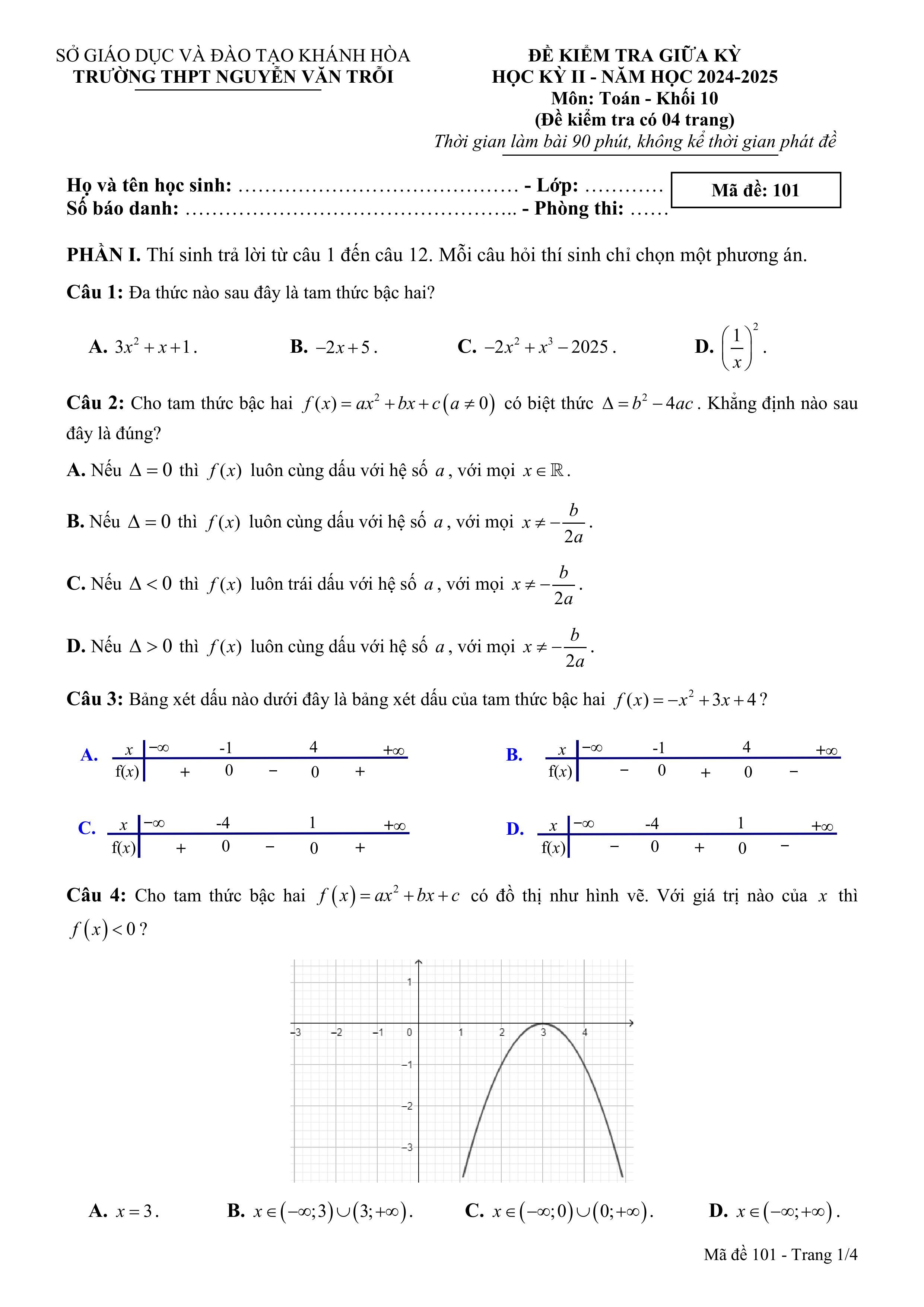 Đề thi Giữa kì 2 Toán 10 trường THPT Nguyễn Văn Trỗi (Khánh Hòa) năm 2024–2025