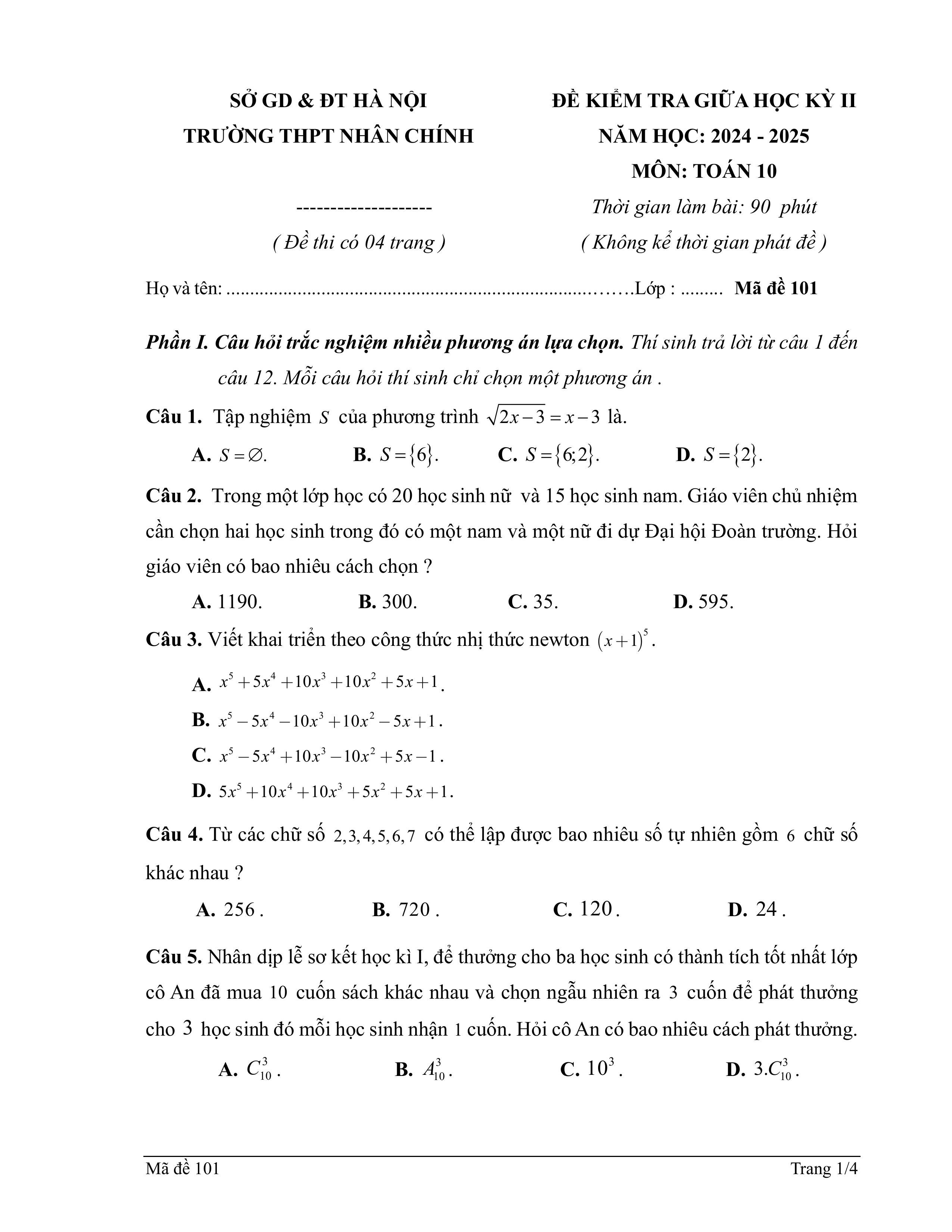 Đề thi Giữa kì 2 Toán 10 trường THPT Nhân Chính (Hà Nội) năm 2024–2025