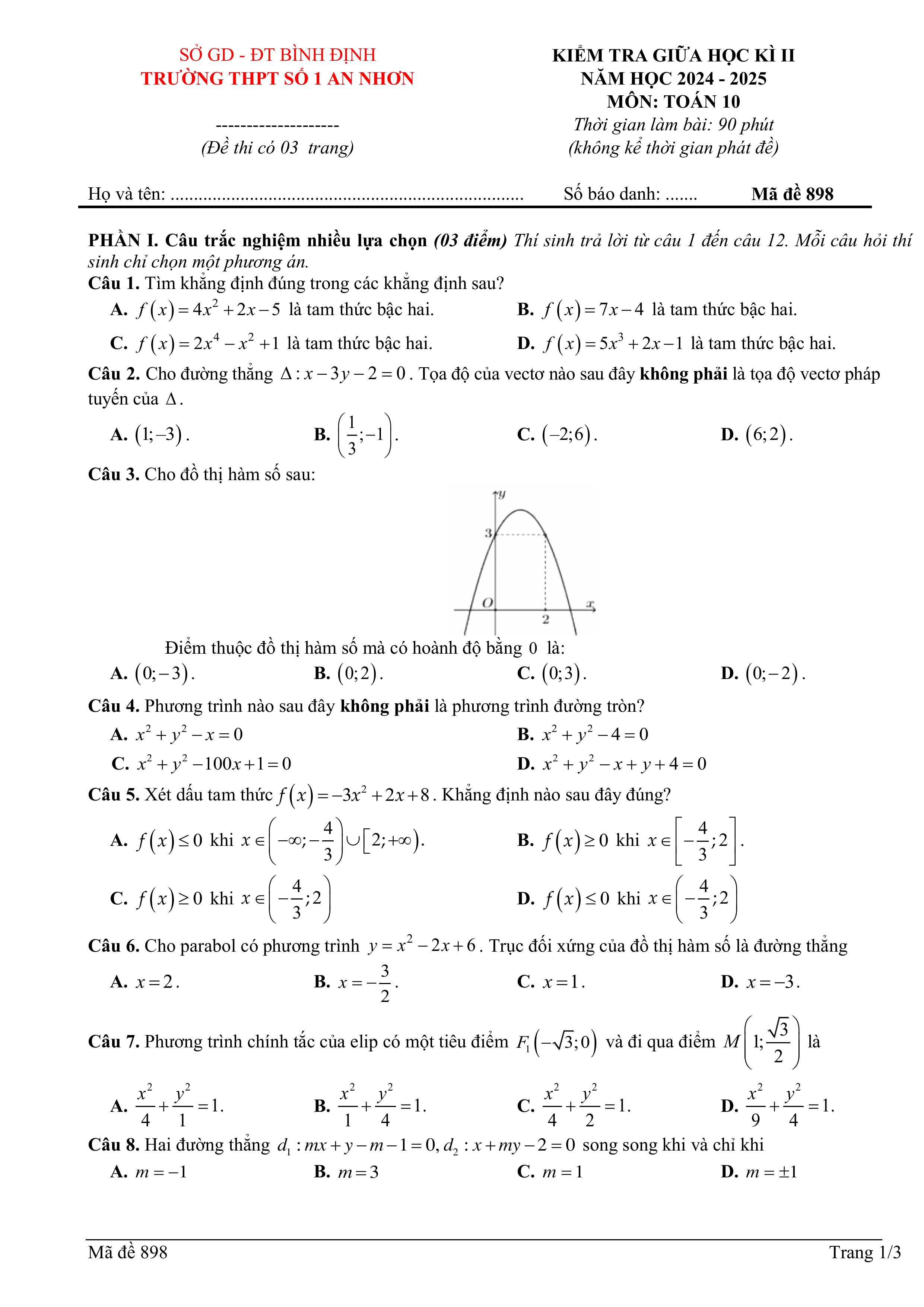 Đề thi Giữa kì 2 Toán 10 trường THPT số 1 An Nhơn (Bình Định) năm 2024–2025