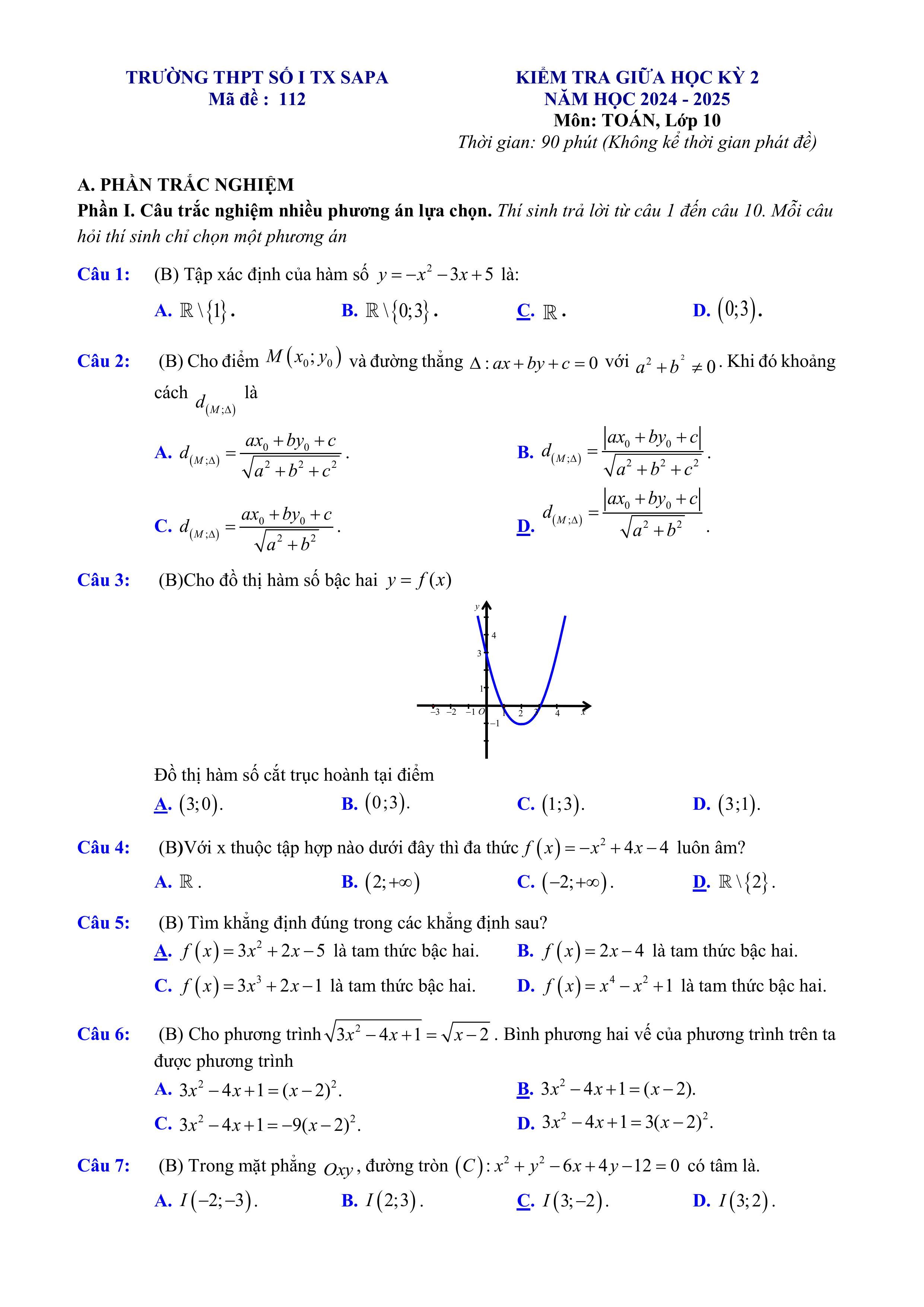 Đề thi Giữa kì 2 Toán 10 trường THPT số 1 thị xã Sa Pa (Lào Cai) năm 2024–2025