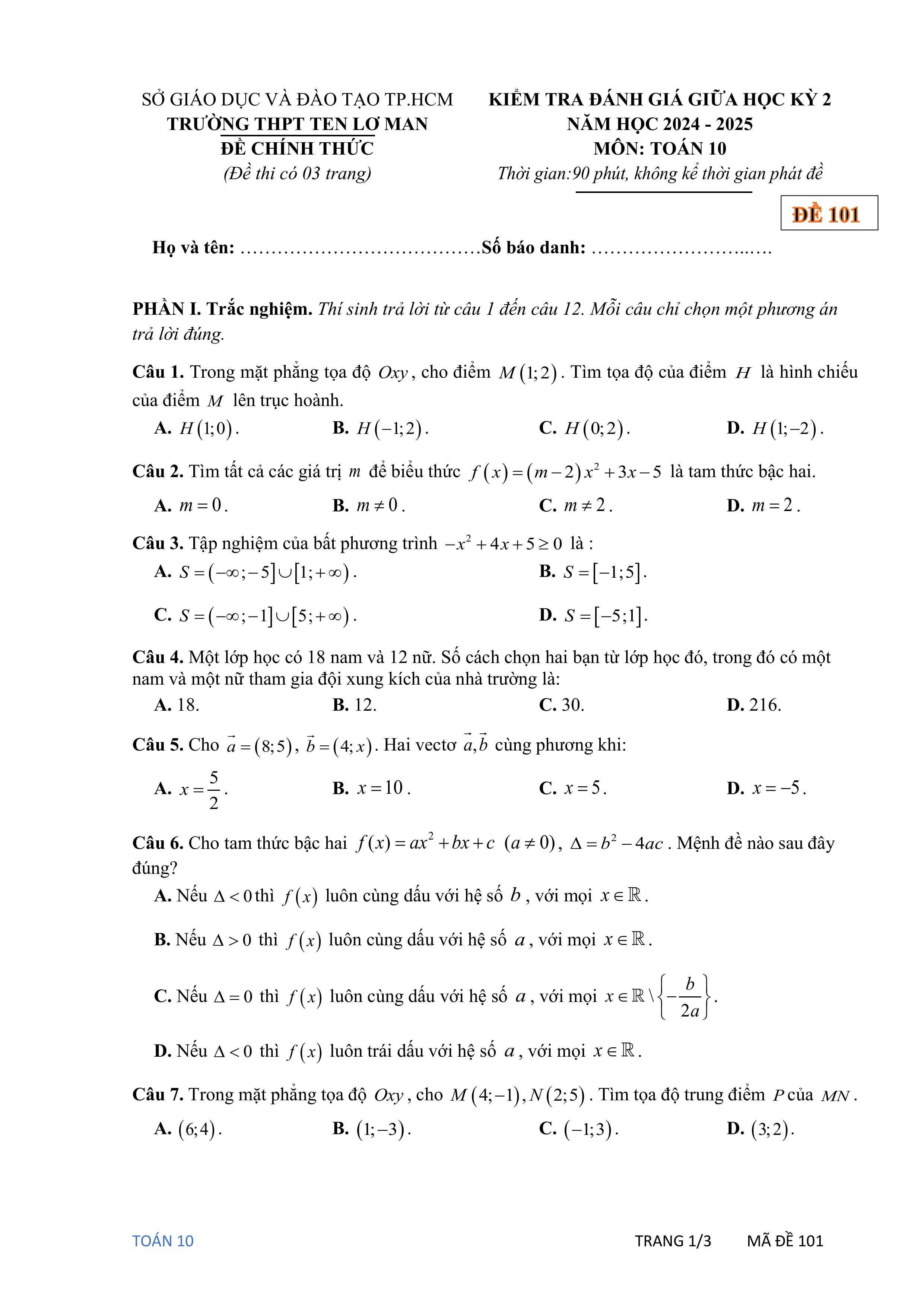 Đề thi Giữa kì 2 Toán 10 trường THPT Ten Lơ Man (Hồ Chí Minh) năm 2024–2025