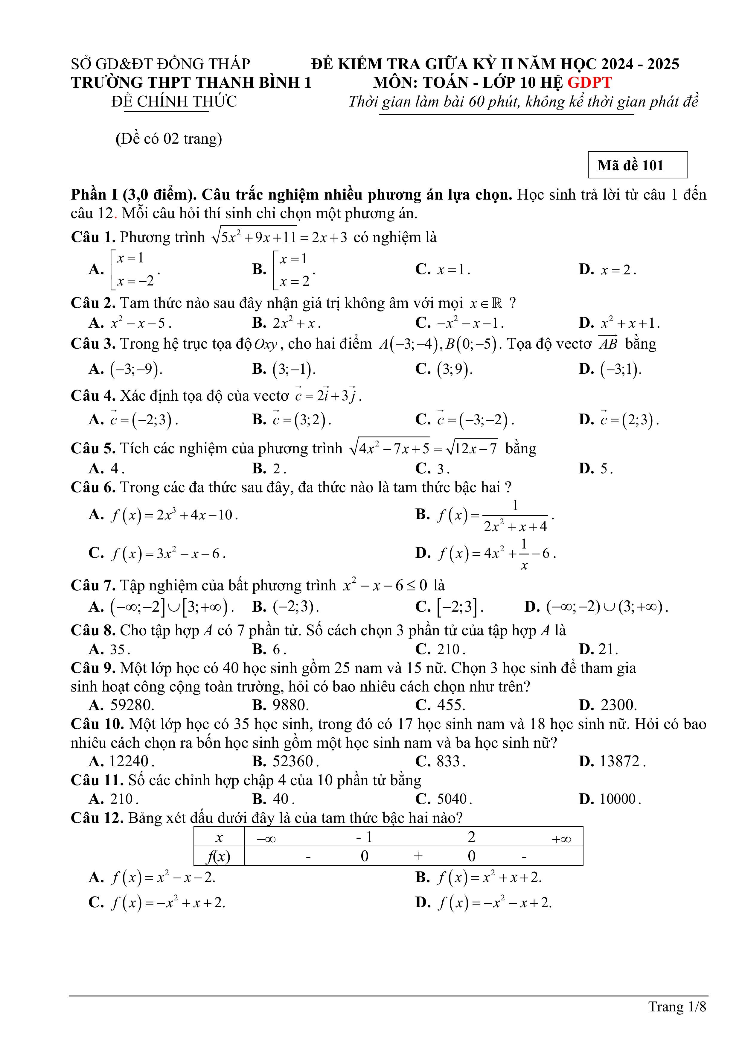 Đề thi Giữa kì 2 Toán 10 trường THPT Thanh Bình 1 (Đồng Tháp) năm 2024–2025