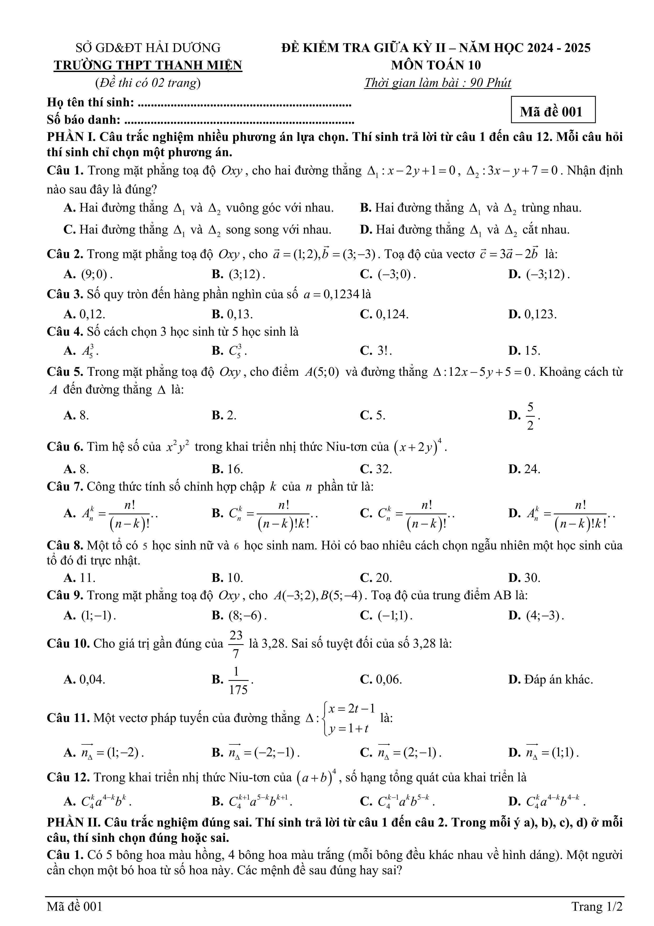 Đề thi Giữa kì 2 Toán 10 trường THPT Thanh Miện (Hải Dương) năm 2024–2025