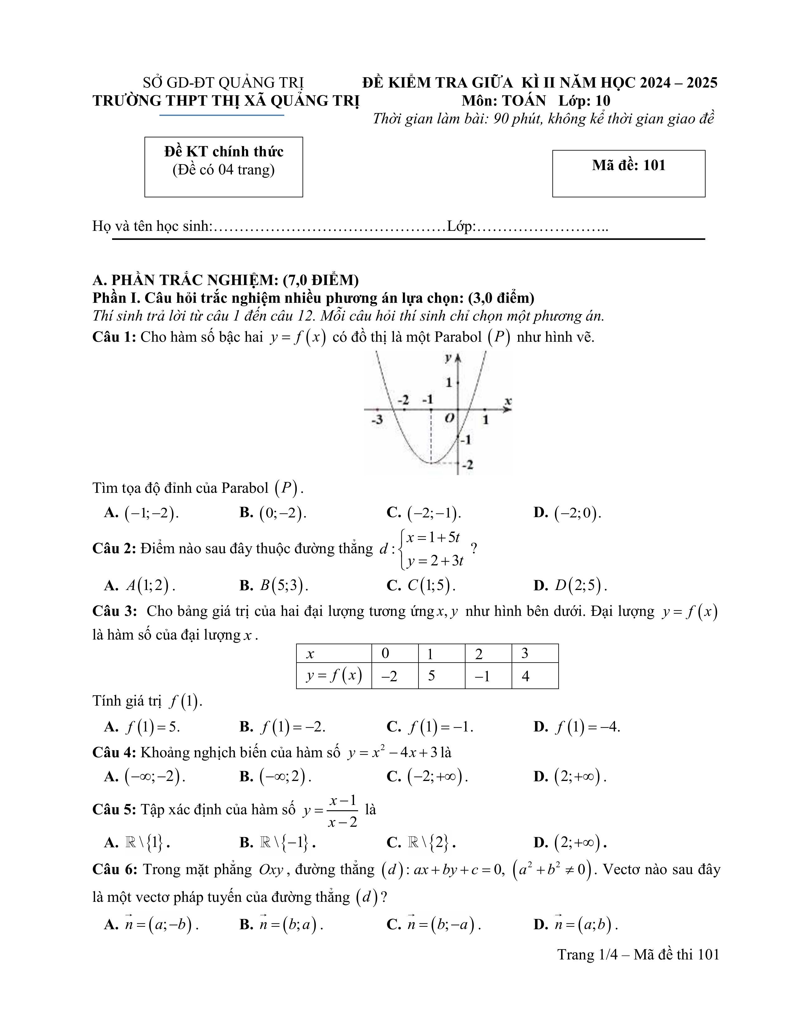 Đề thi Giữa kì 2 Toán 10 trường THPT Thị xã Quảng Trị (Quảng Trị) năm 2024–2025