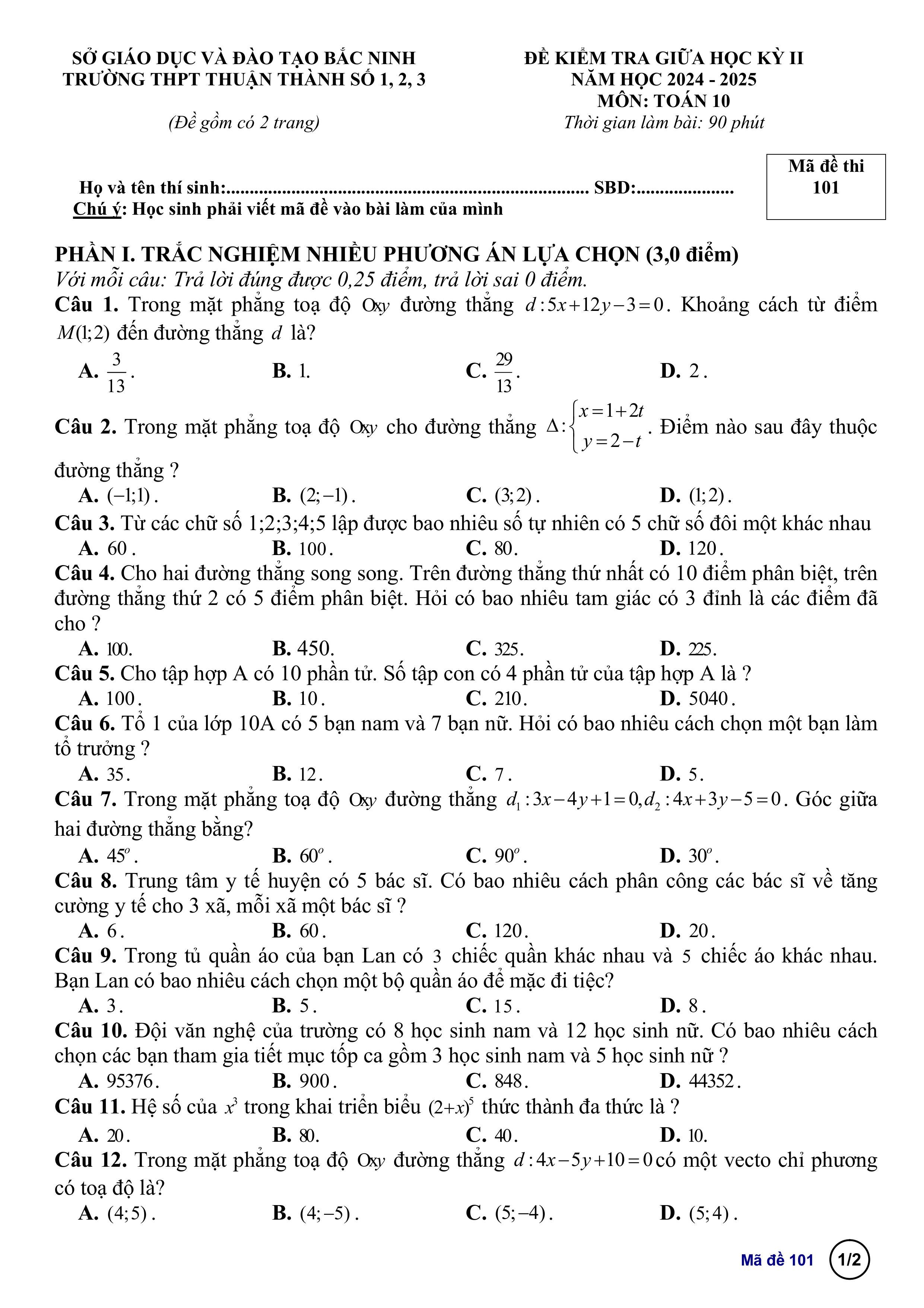 Đề thi Giữa kì 2 Toán 10 trường THPT Thuận Thành 1-2-3 (Bắc Ninh) năm 2024–2025