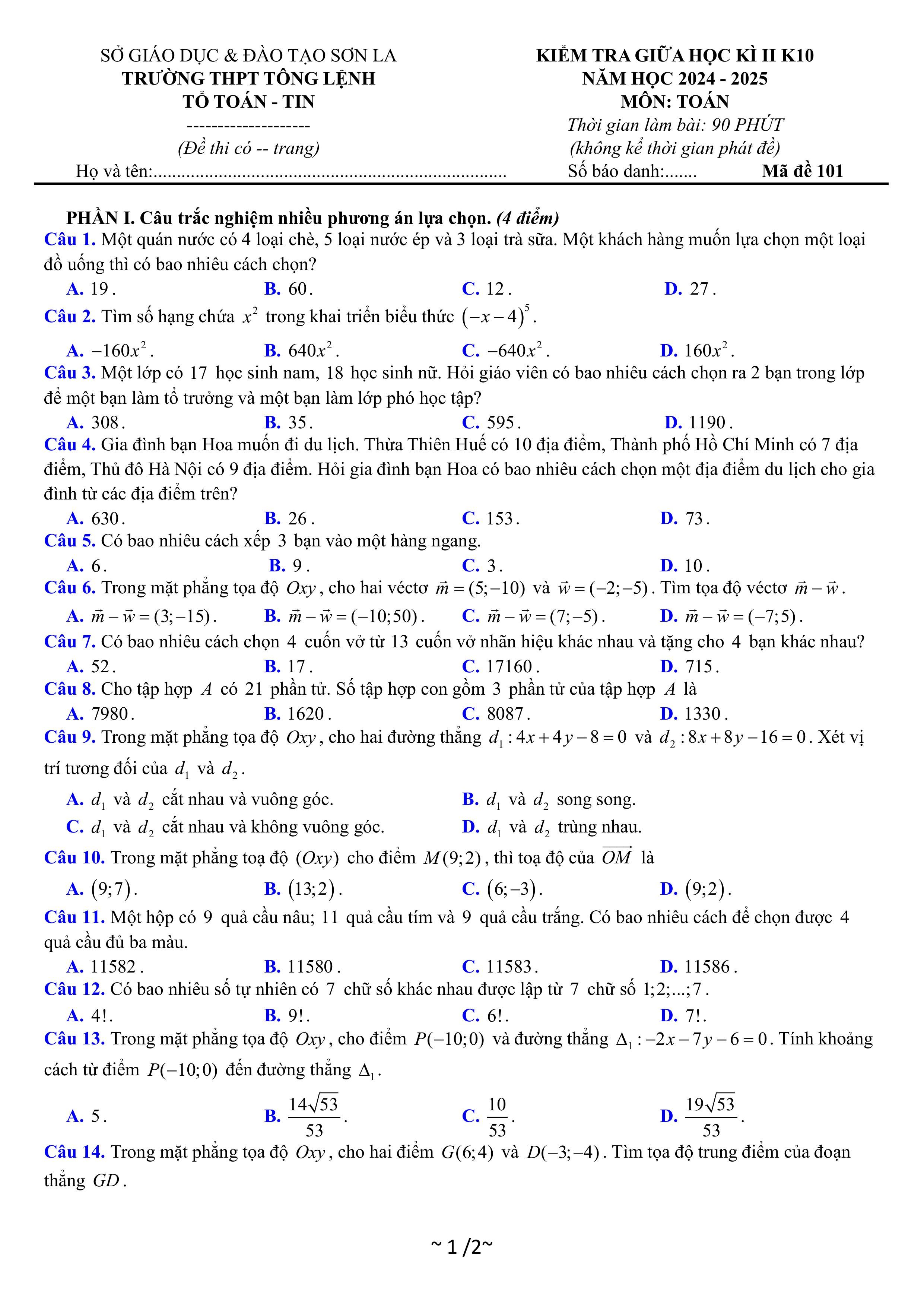 Đề thi Giữa kì 2 Toán 10 trường THPT Tông Lệnh (Sơn La) năm 2024–2025