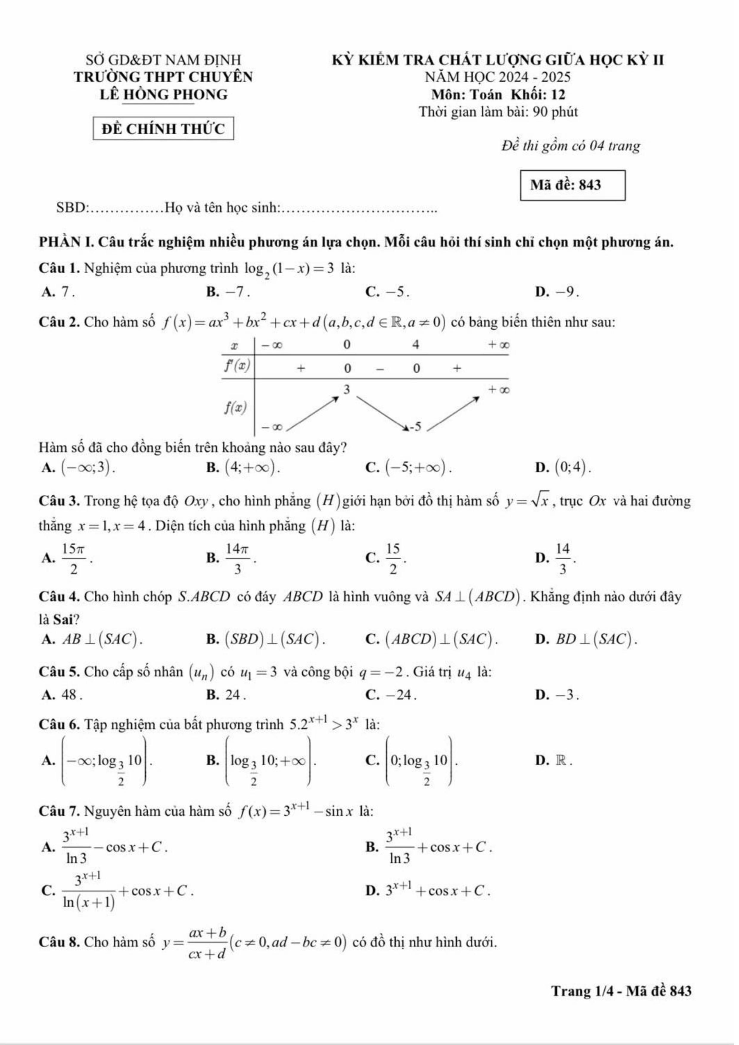Đề thi Giữa kì 2 Toán 12 trường THPT chuyên Lê Hồng Phong (Nam Định) năm 2024–2025