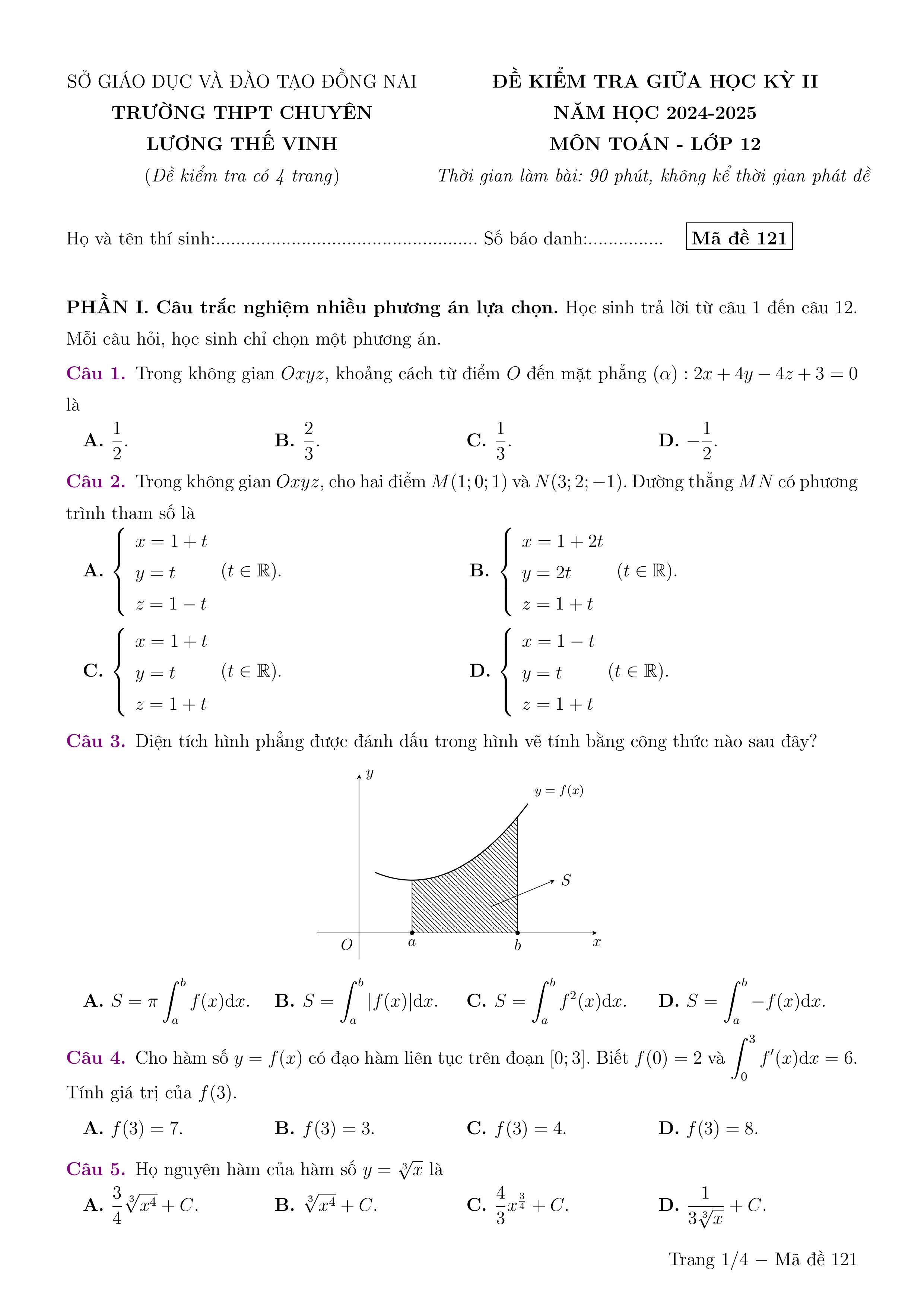 Đề thi Giữa kì 2 Toán 12 trường THPT chuyên Lương Thế Vinh (Đồng Nai) năm 2024–2025