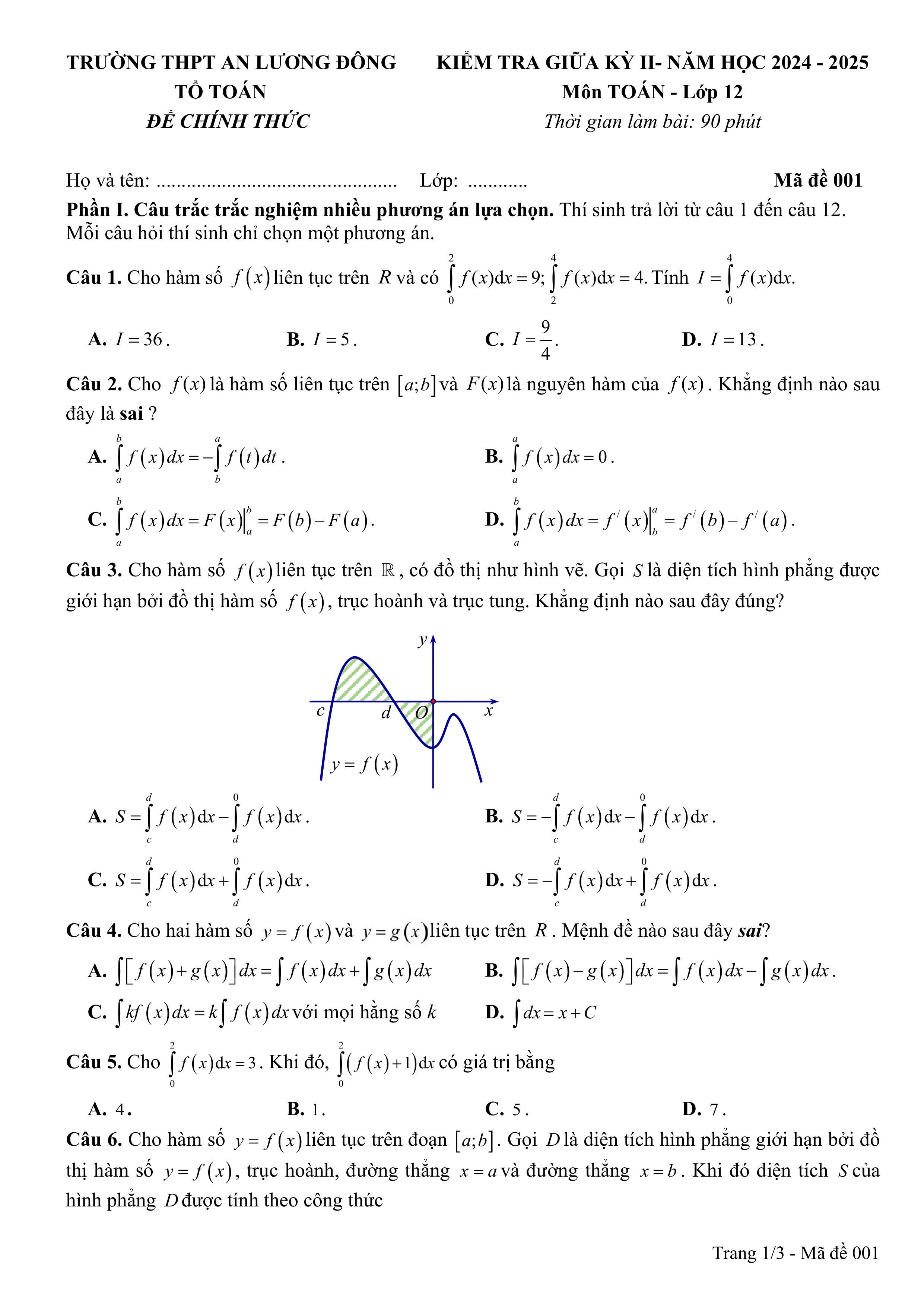 Đề thi Giữa kì 2 Toán 12 trường THPT An Lương Đông (Huế) năm 2024–2025