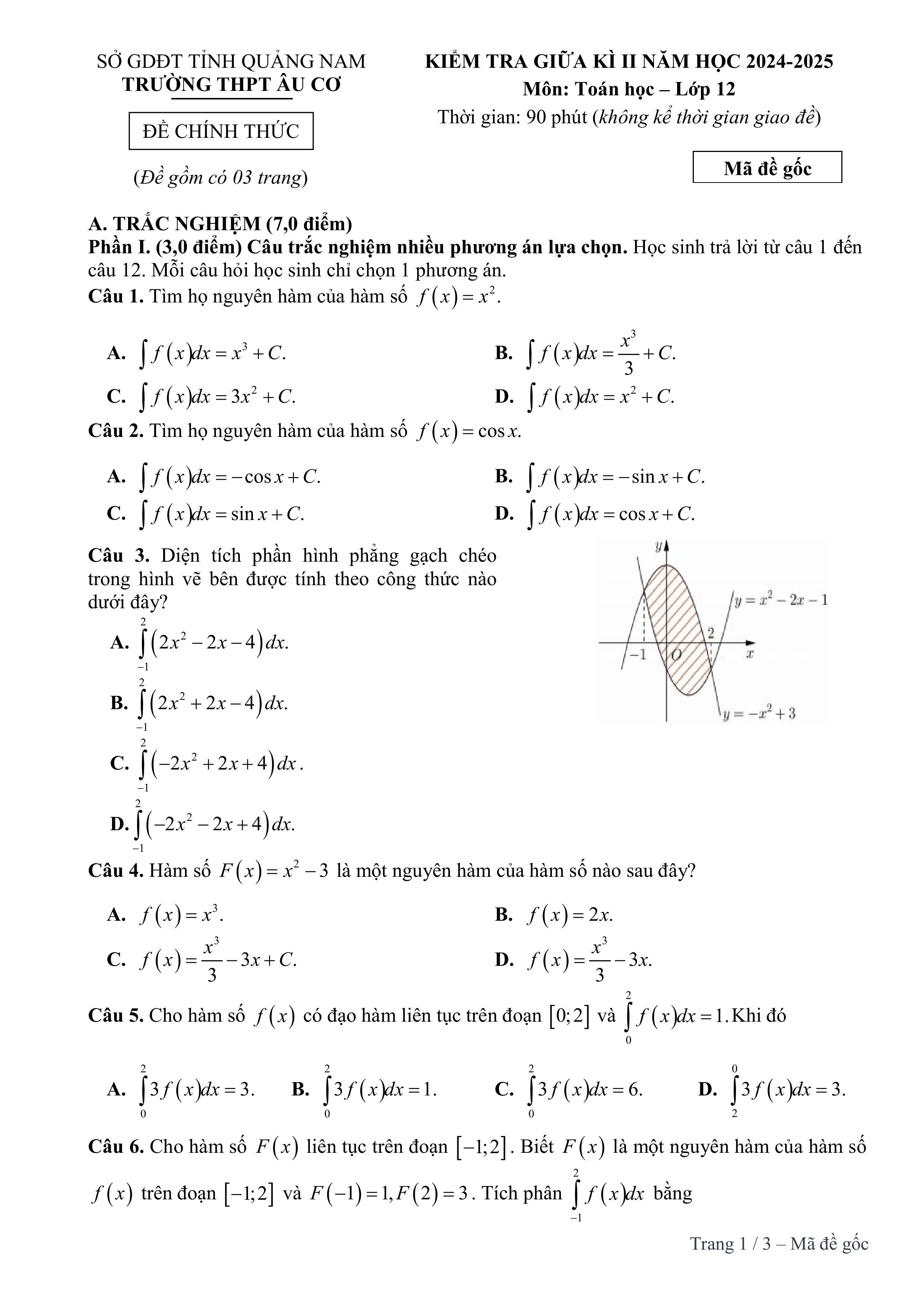 Đề thi Giữa kì 2 Toán 12 trường THPT Âu Cơ (Quảng Nam) năm 2024–2025