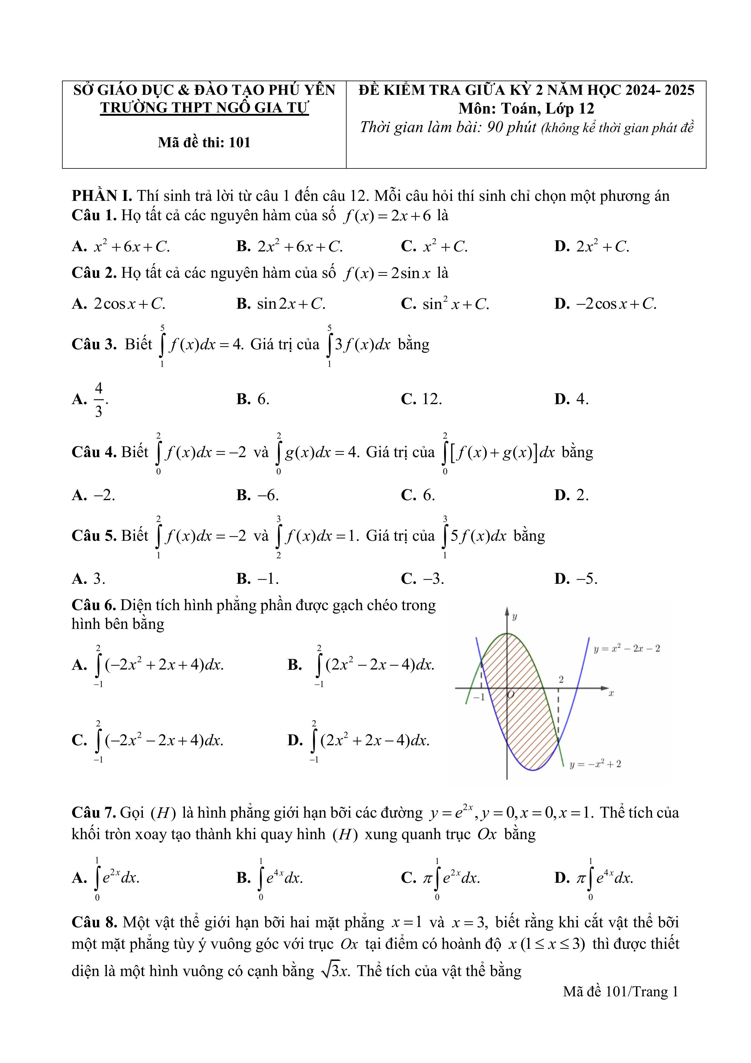Đề thi Giữa kì 2 Toán 12 trường THPT Ngô Gia Tự (Phú Yên) năm 2024–2025