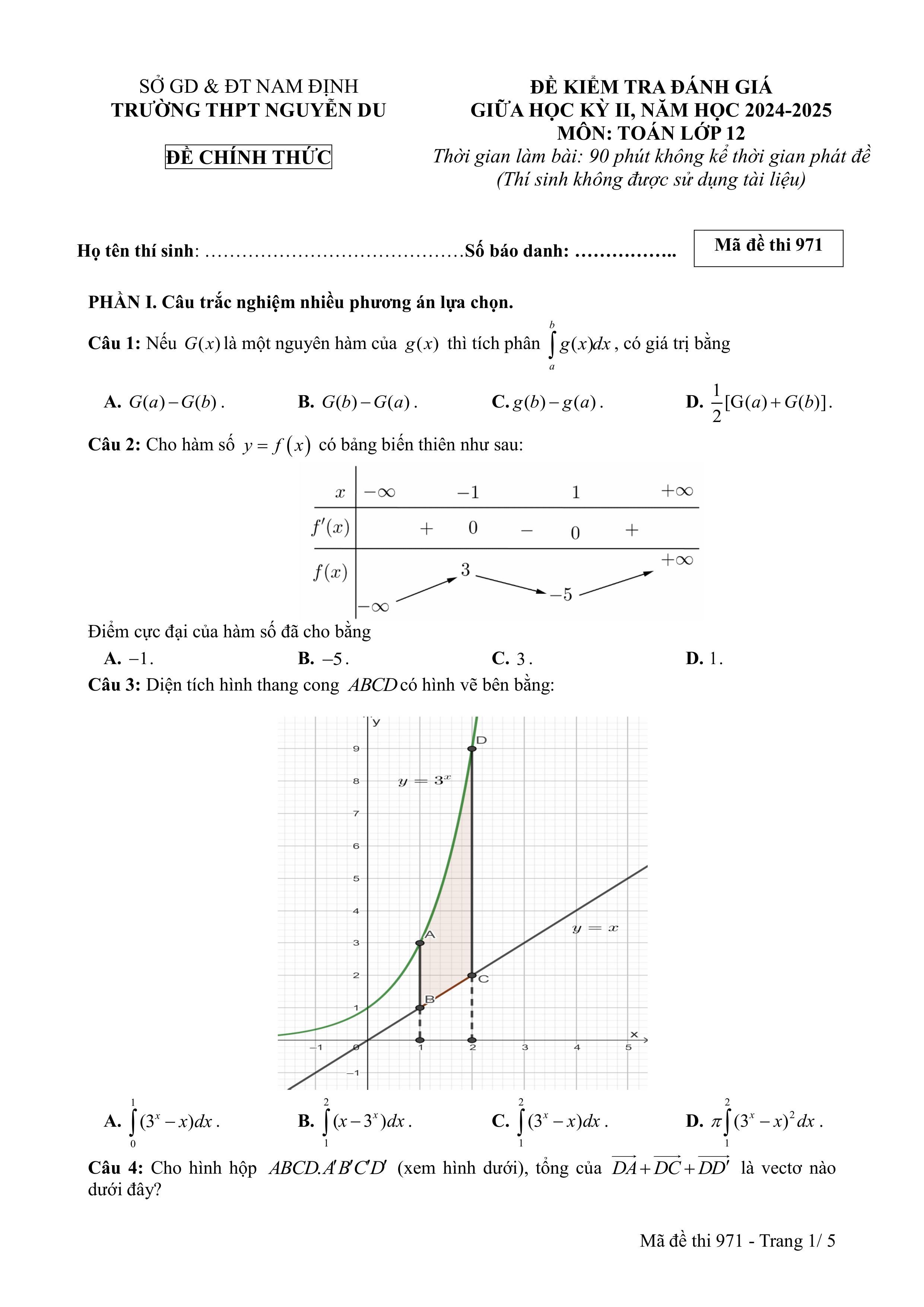 Đề thi Giữa kì 2 Toán 12 trường THPT Nguyễn Du (Nam Định) năm 2024–2025