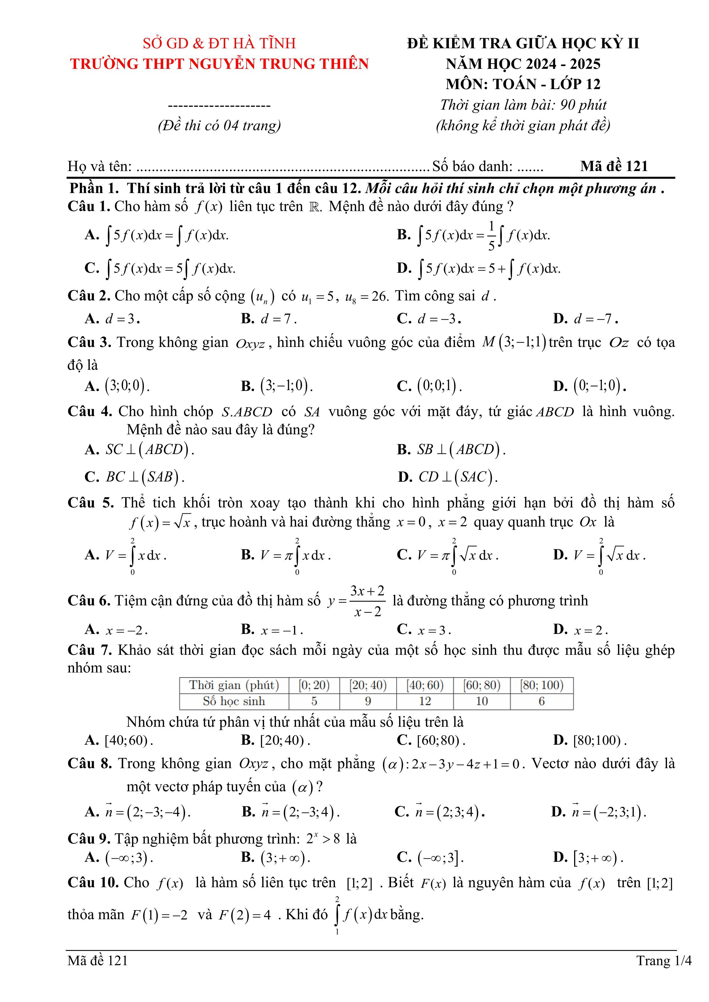 Đề thi Giữa kì 2 Toán 12 trường THPT Nguyễn Trung Thiên (Hà Tĩnh) năm 2024–2025