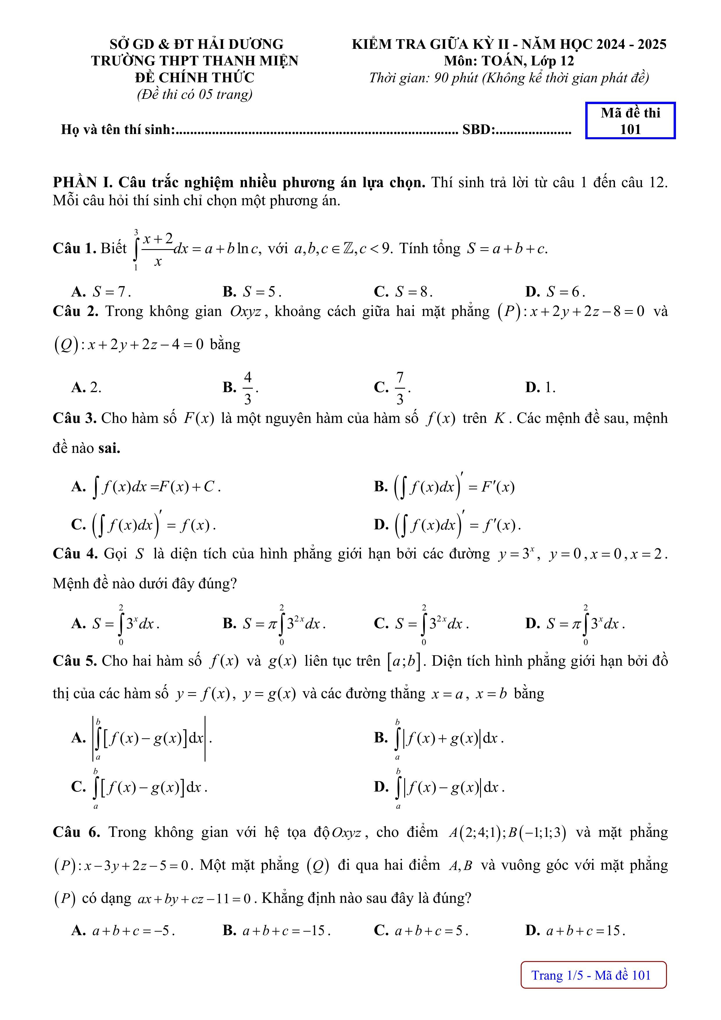 Đề thi Giữa kì 2 Toán 12 trường THPT Thanh Miện (Hải Dương) năm 2024–2025