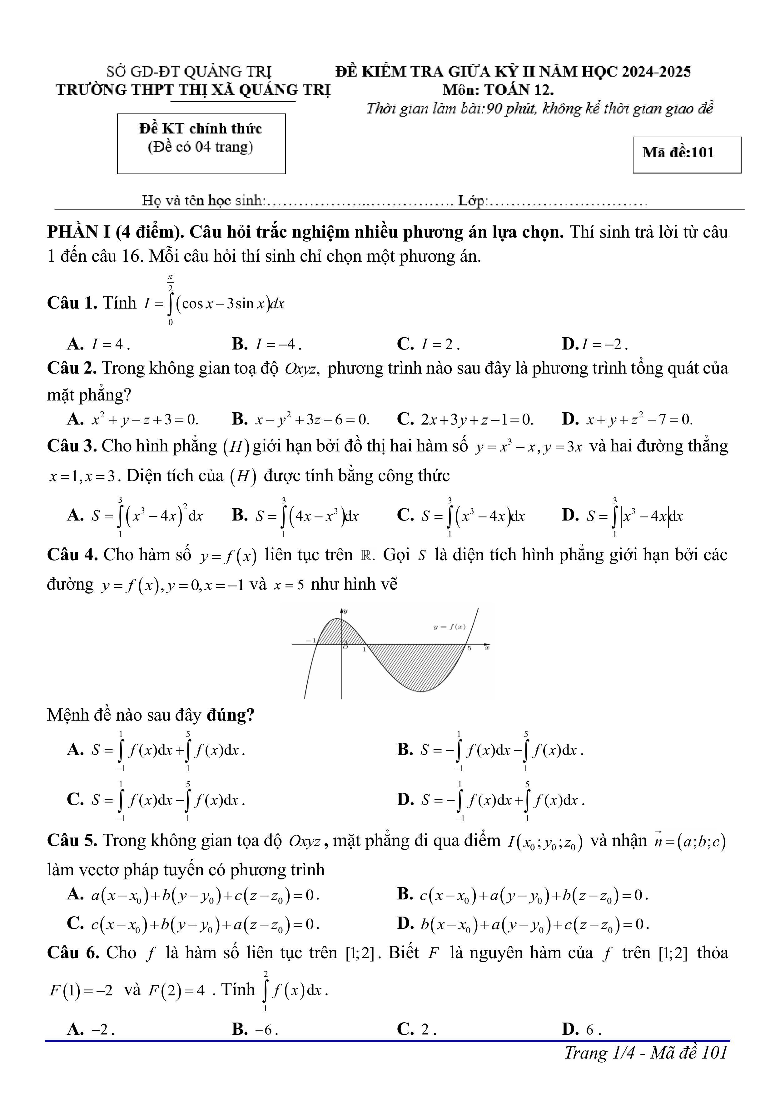 Đề thi Giữa kì 2 Toán 12 trường THPT Thị xã Quảng Trị (Quảng Trị) năm 2024–2025