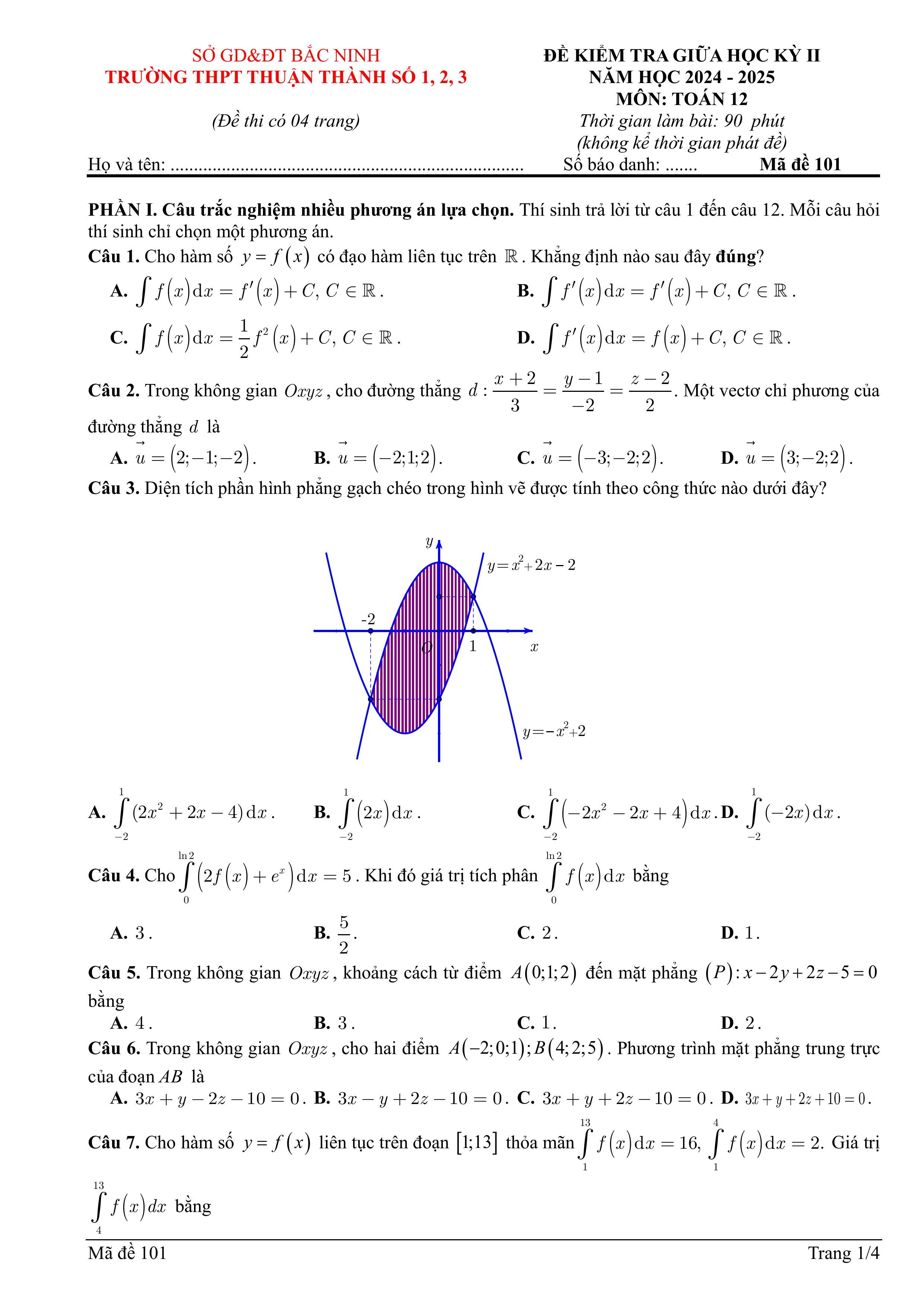 Đề thi Giữa kì 2 Toán 12 trường THPT Thuận Thành 1-2-3 (Bắc Ninh) năm 2024–2025