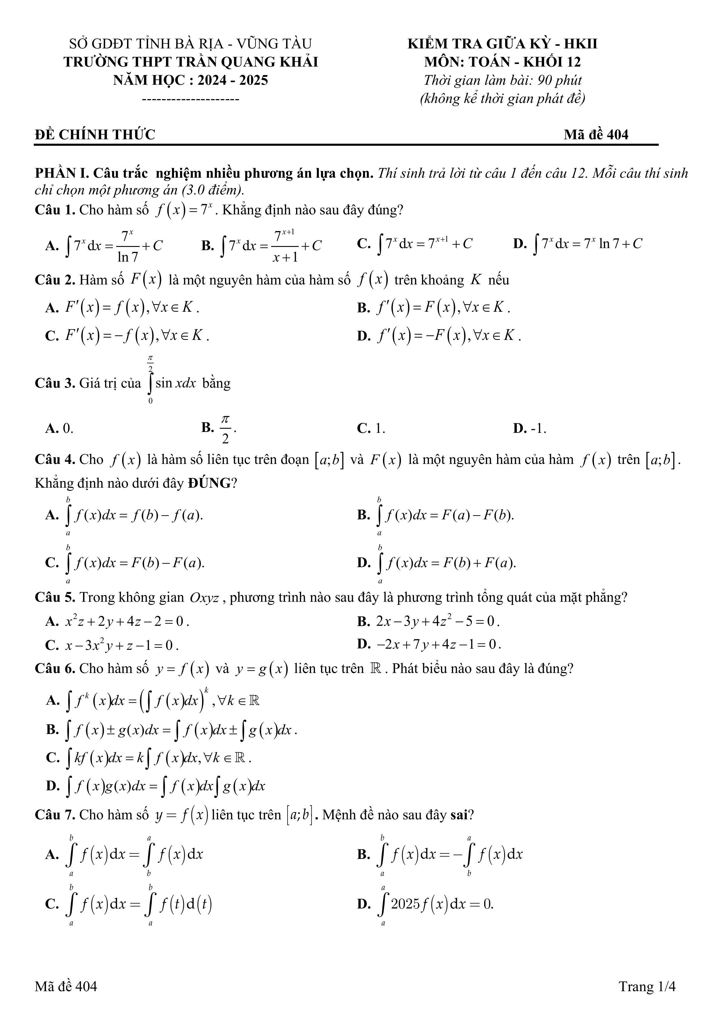 Đề thi Giữa kì 2 Toán 12 trường THPT Trần Quang Khải (Bà Rịa – Vũng Tàu) năm 2024–2025