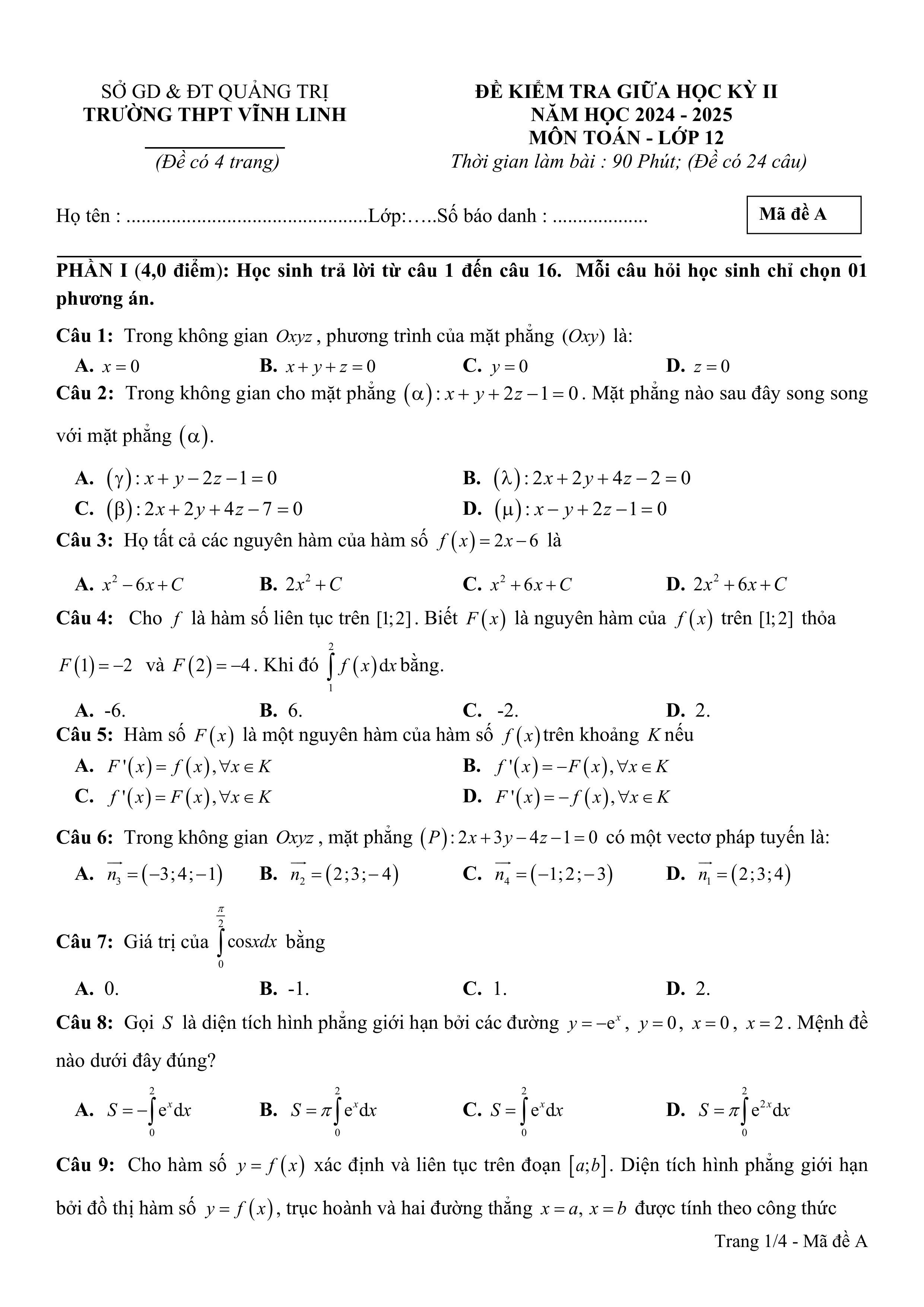 Đề thi Giữa kì 2 Toán 12 trường THPT Vĩnh Linh (Quảng Trị) năm 2024–2025