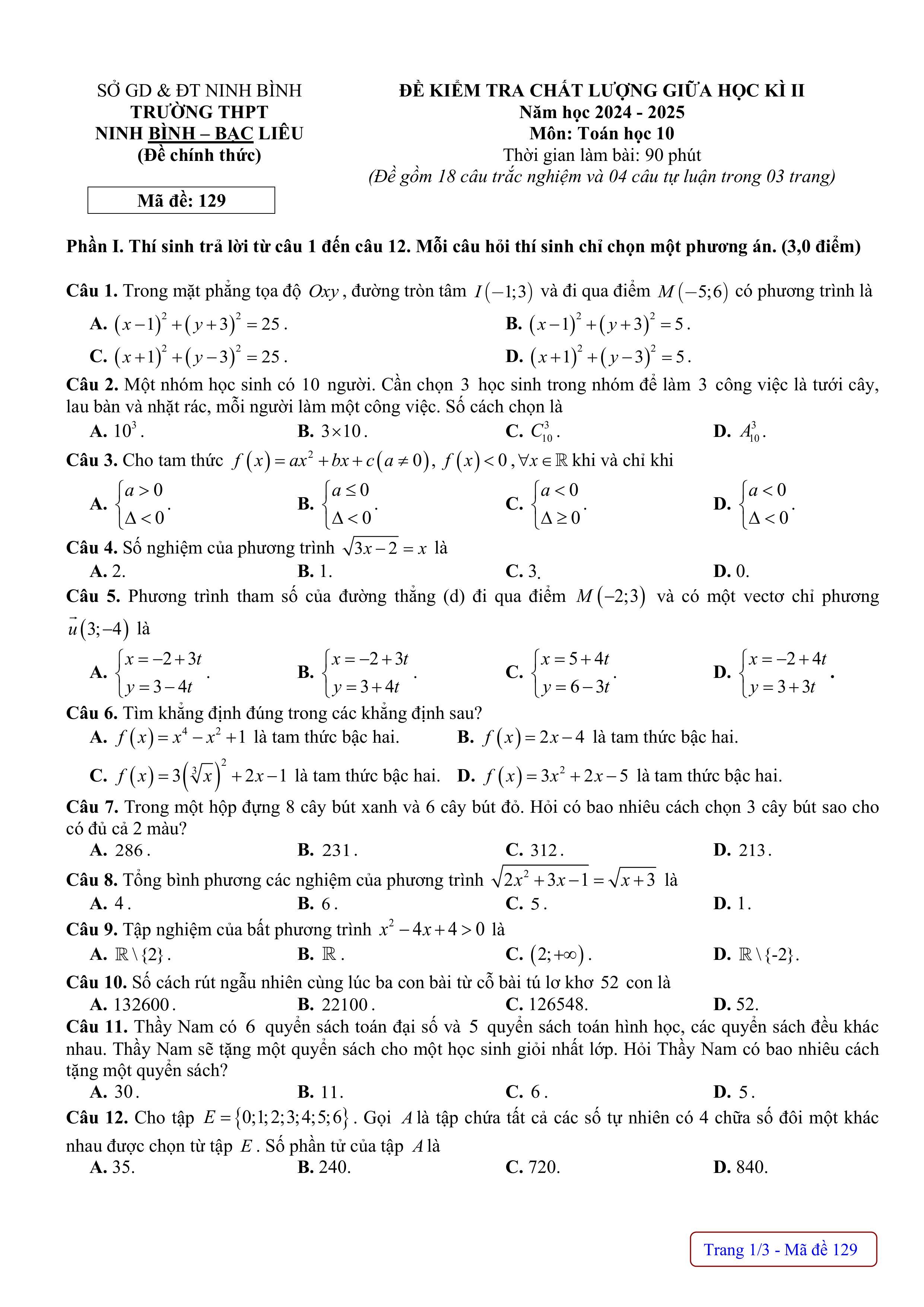 Đề thi Giữa kì 2 Toán 10 trường THPT Ninh Bình - Bạc Liêu (Ninh Bình) năm 2024–2025