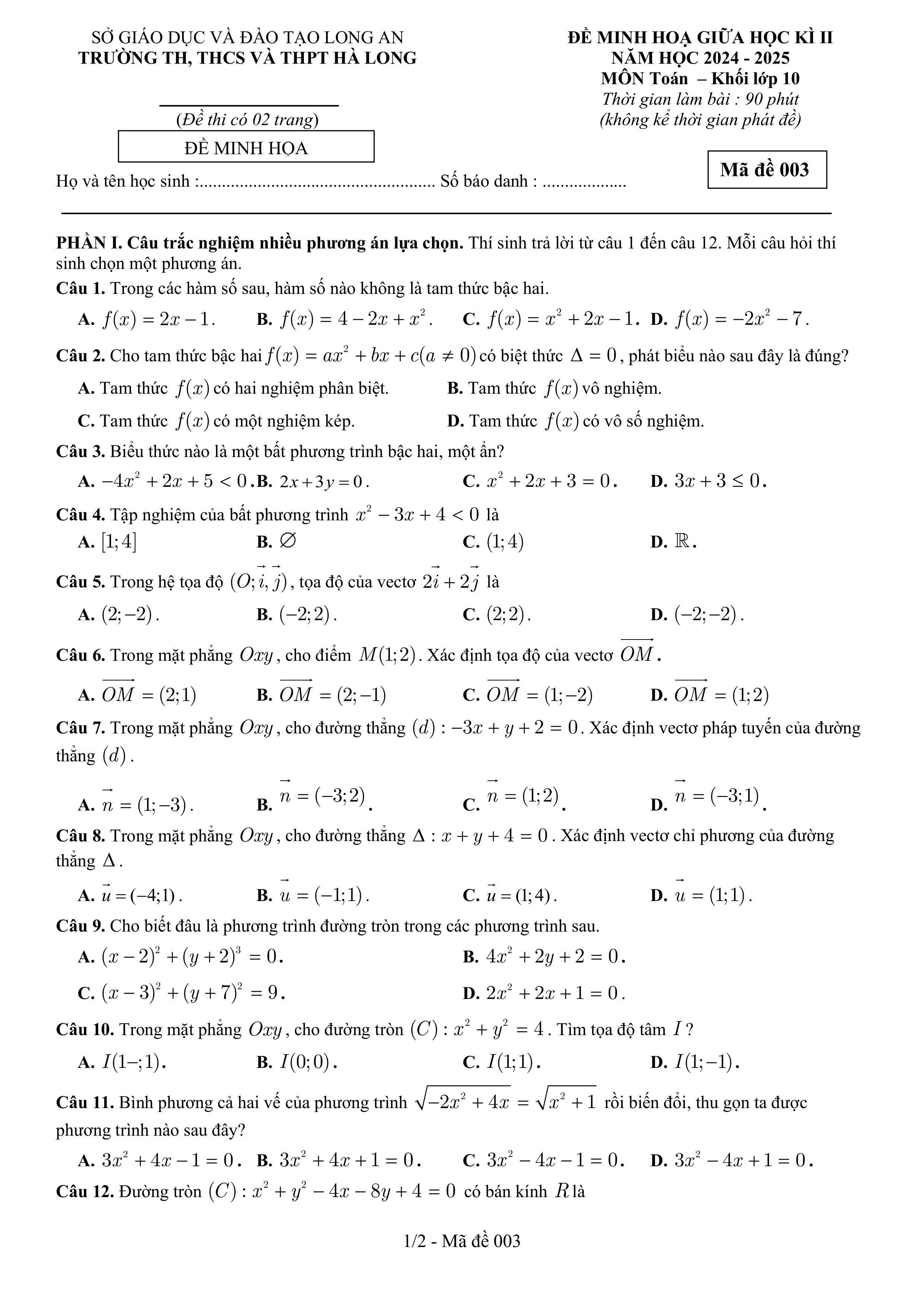 Đề thi Giữa kì 2 Toán 10 trường THPT Hà Long (Long An) năm 2024–2025