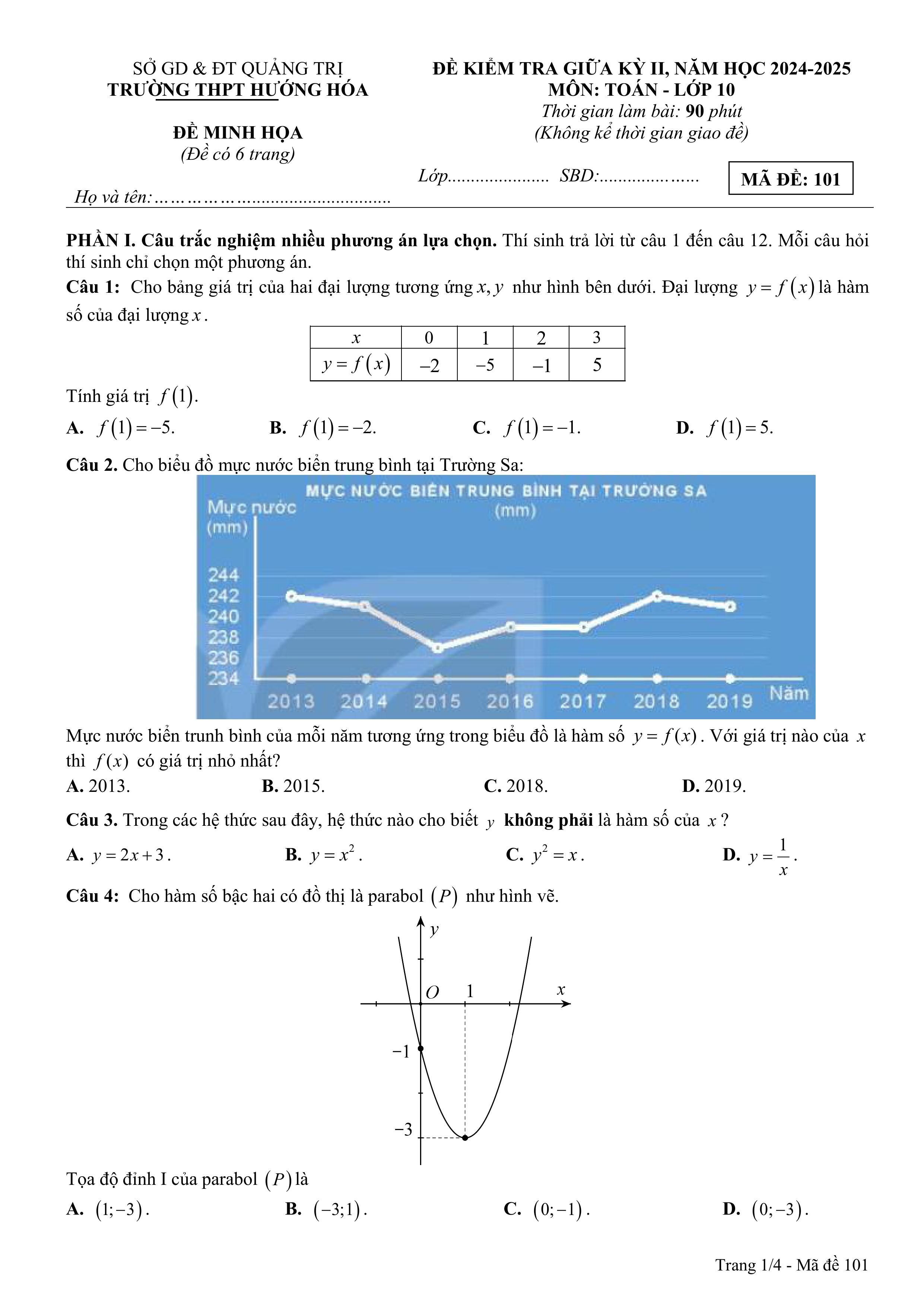 Đề thi Giữa kì 2 Toán 10 trường THPT Hướng Hóa (Quảng Trị) năm 2024–2025