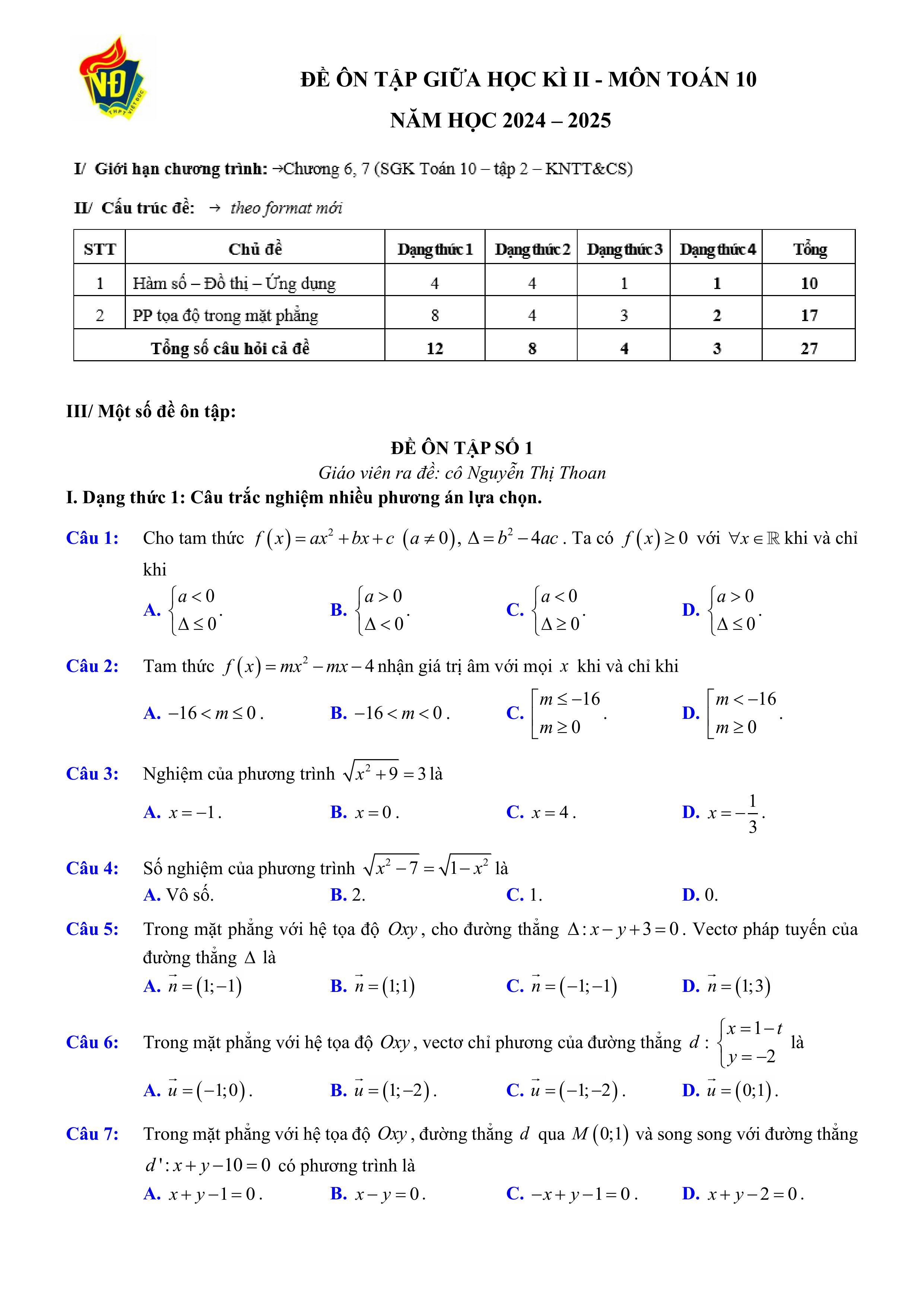 Đề thi Giữa kì 2 Toán 10 trường THPT Việt Đức (Hà Nội) năm 2024–2025