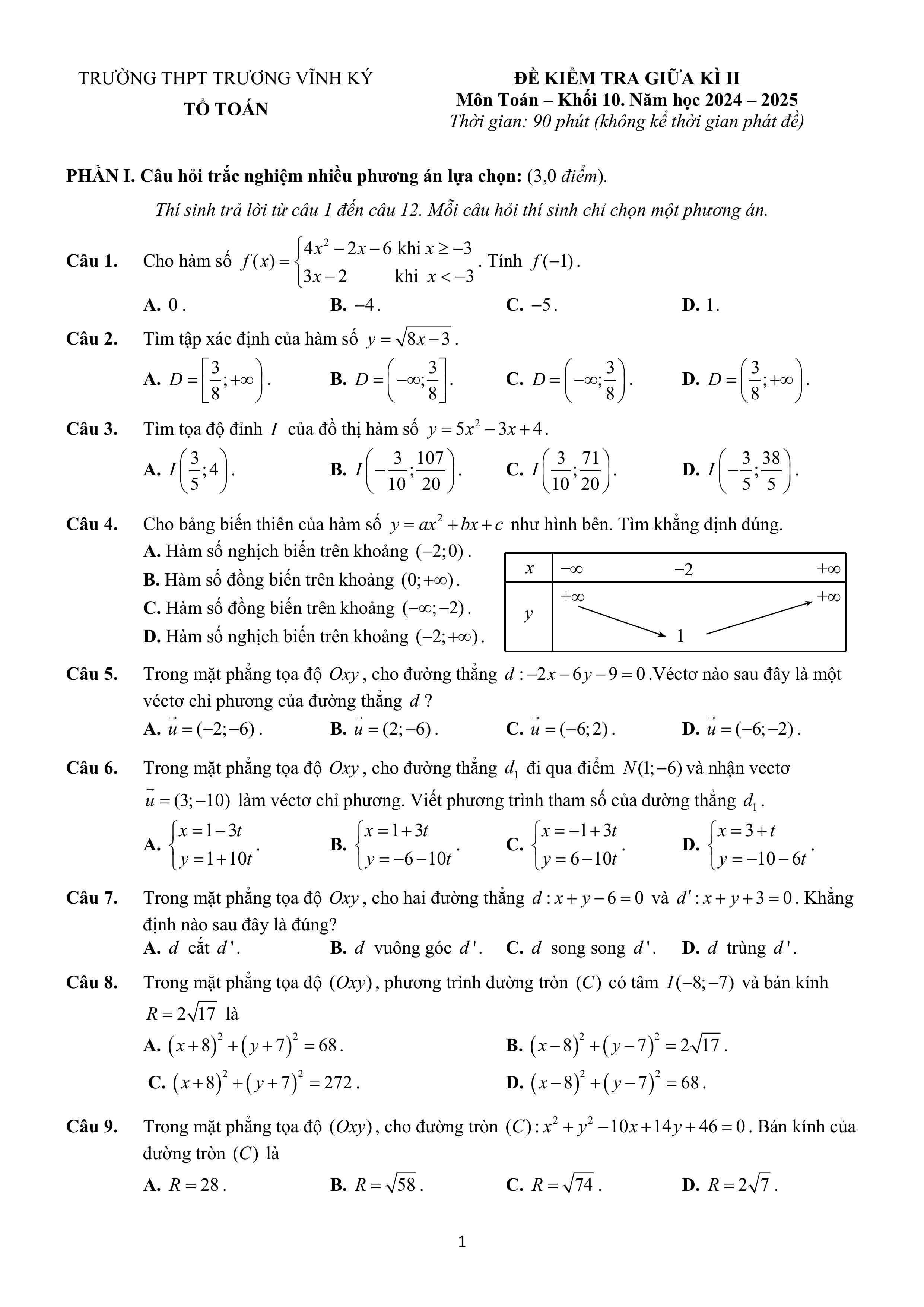 Đề thi Giữa kì 2 Toán 10 trường THPT Vĩnh Ký (Bến Tre) năm 2024–2025