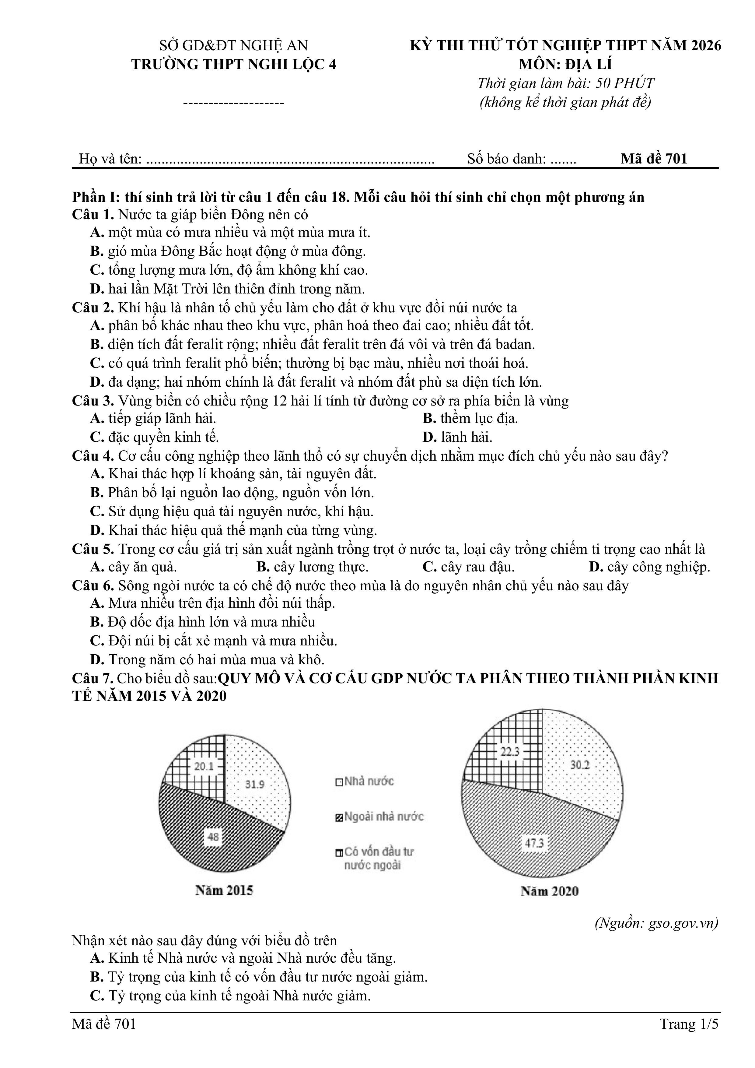 Đề thi thử Tốt nghiệp THPT Địa lý 2025-2026 trường THPT Nghi Lộc 4 (Nghệ An)