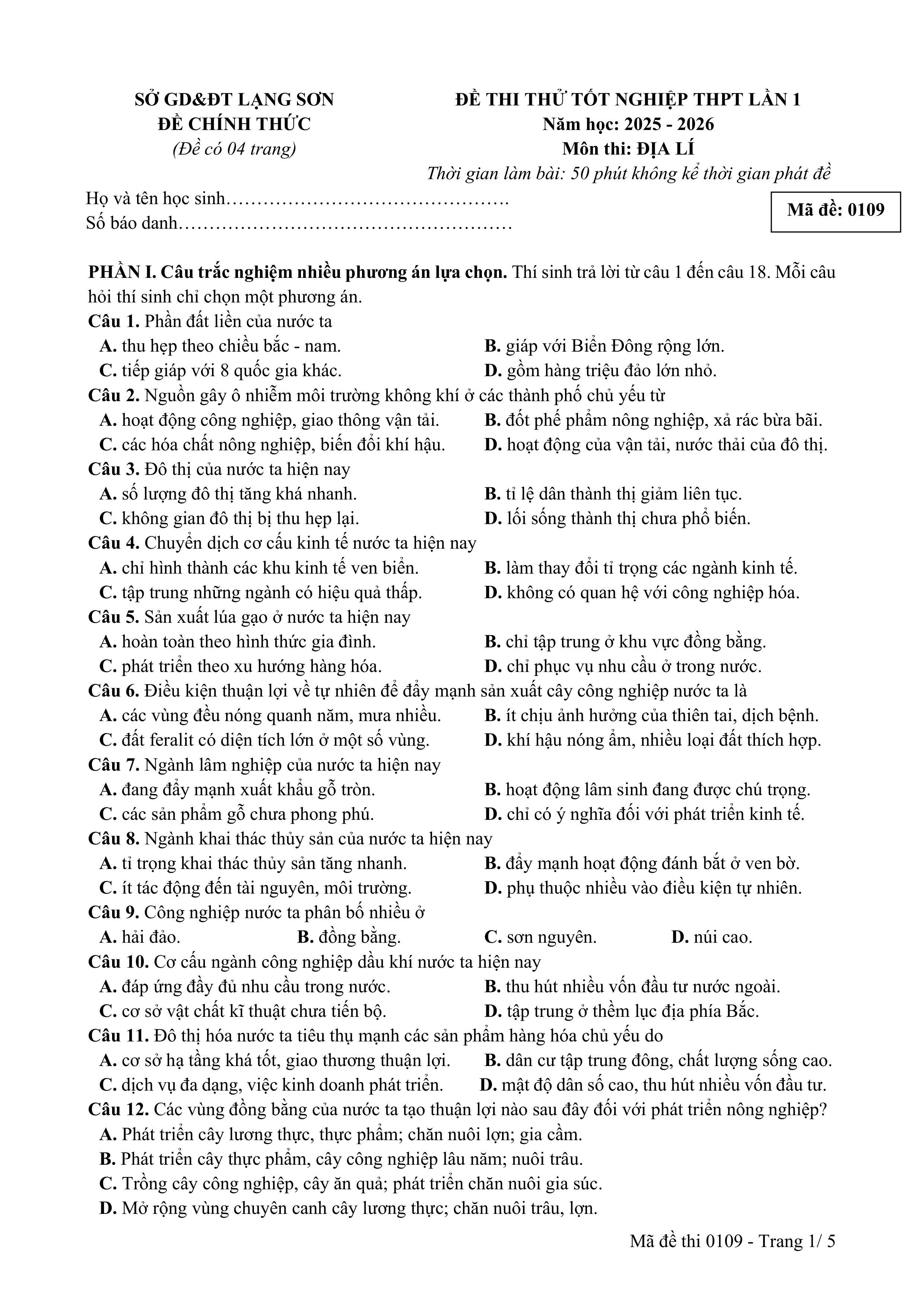 Đề thi thử Tốt nghiệp THPT Địa lý 2025-2026 Sở Lạng Sơn