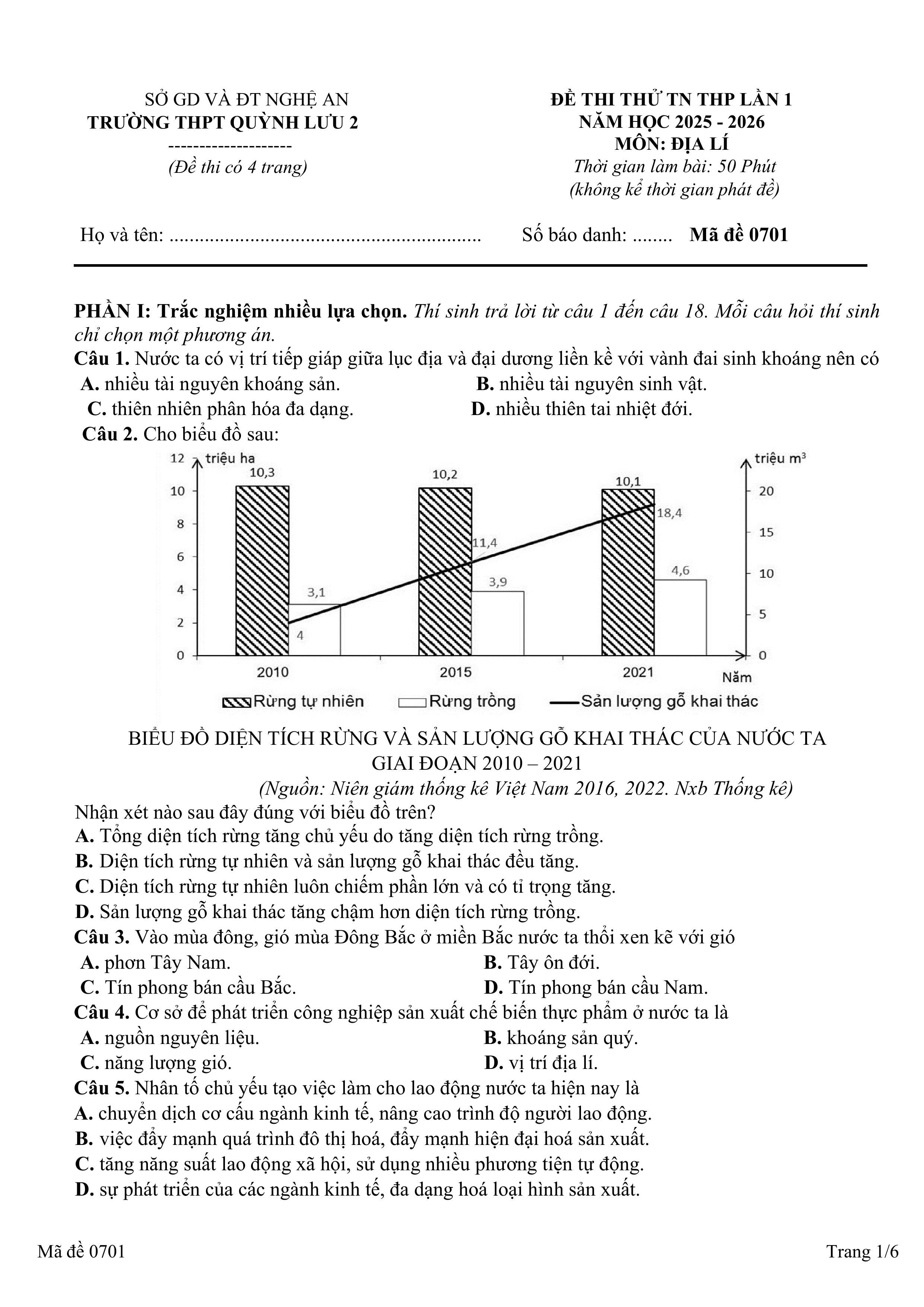 Đề thi thử Tốt nghiệp THPT Địa lý 2025-2026 trường THPT Quỳnh Lưu 2 (Nghệ An)