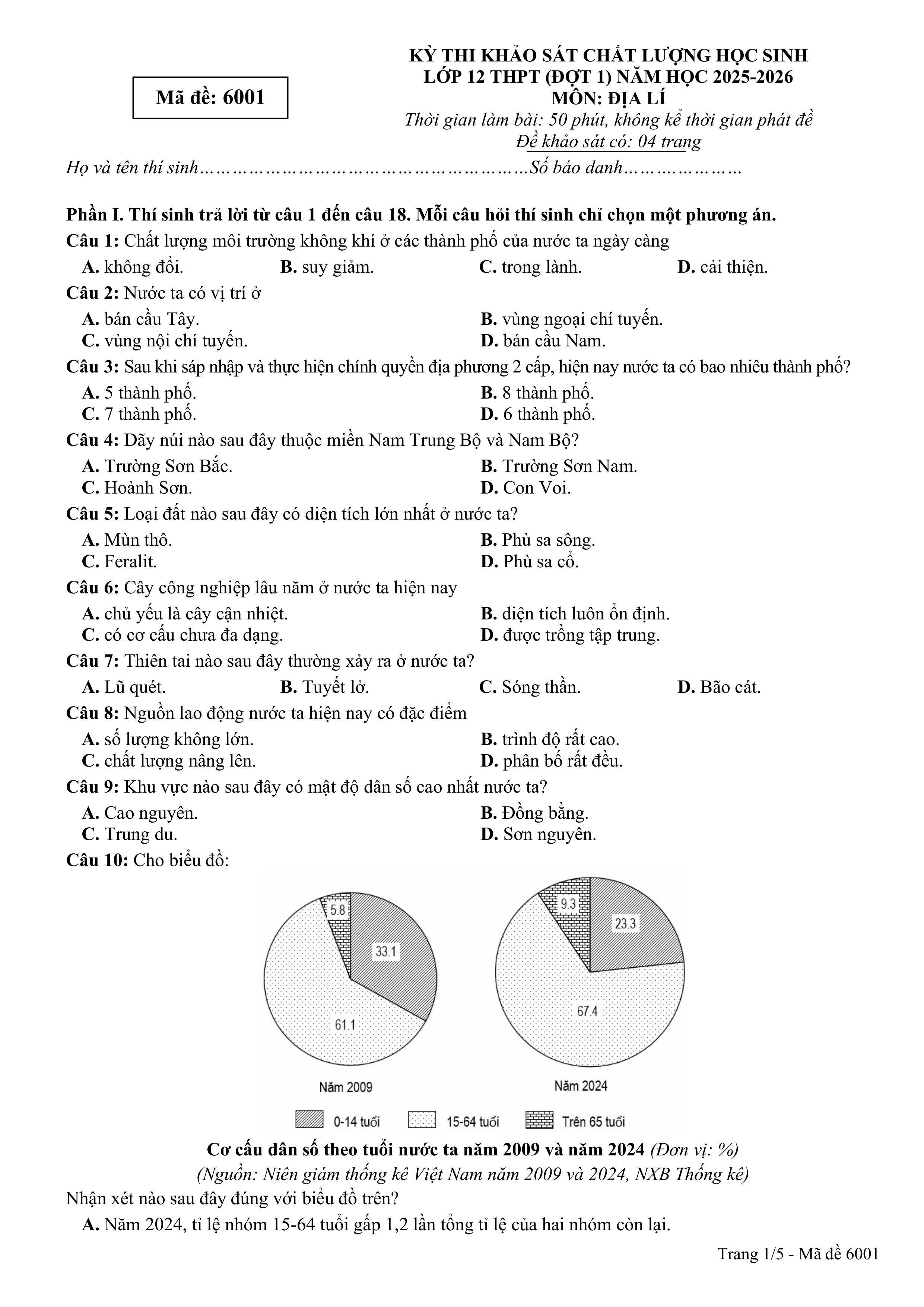 Đề thi thử Tốt nghiệp THPT Địa lý 2025-2026 sở Phú Thọ