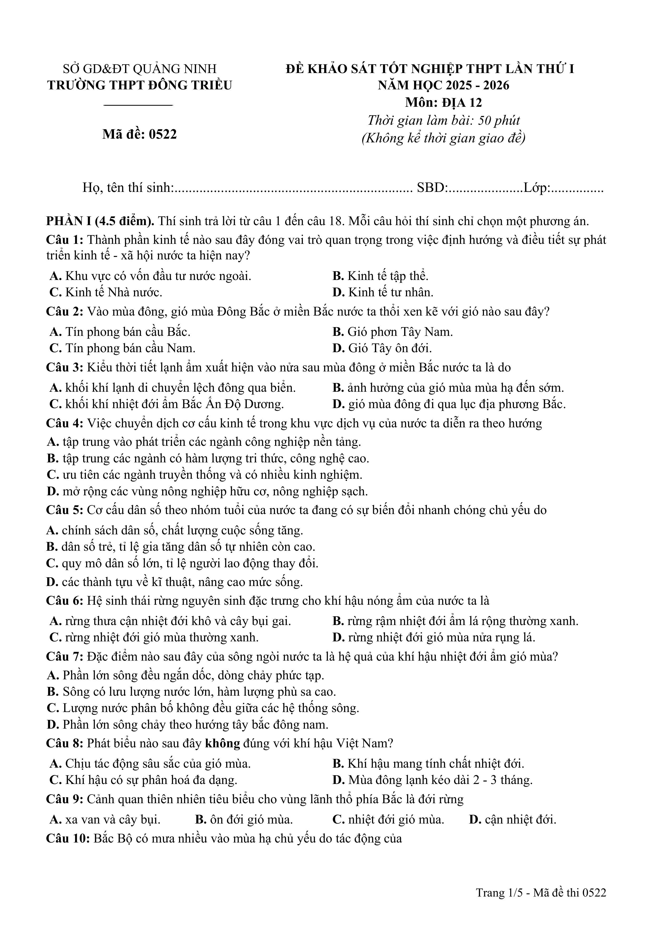 Đề thi thử Tốt nghiệp THPT Địa lý 2025-2026 trường THPT Đông Triều (Quảng Ninh)