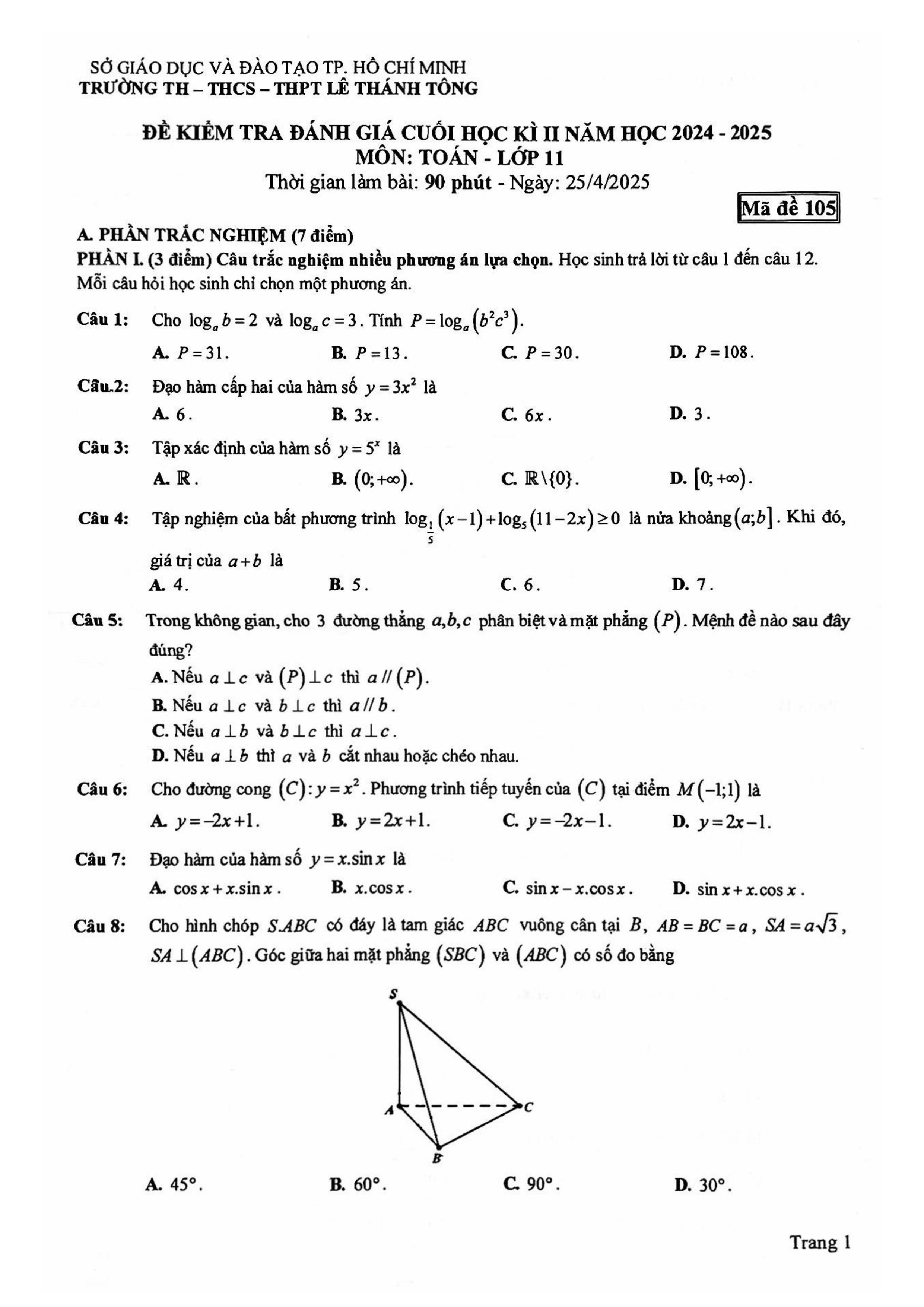 Đề thi Học kì 2 Toán 11 trường THPT Lê Thánh Tông (Hồ Chí Minh) năm 2024–2025