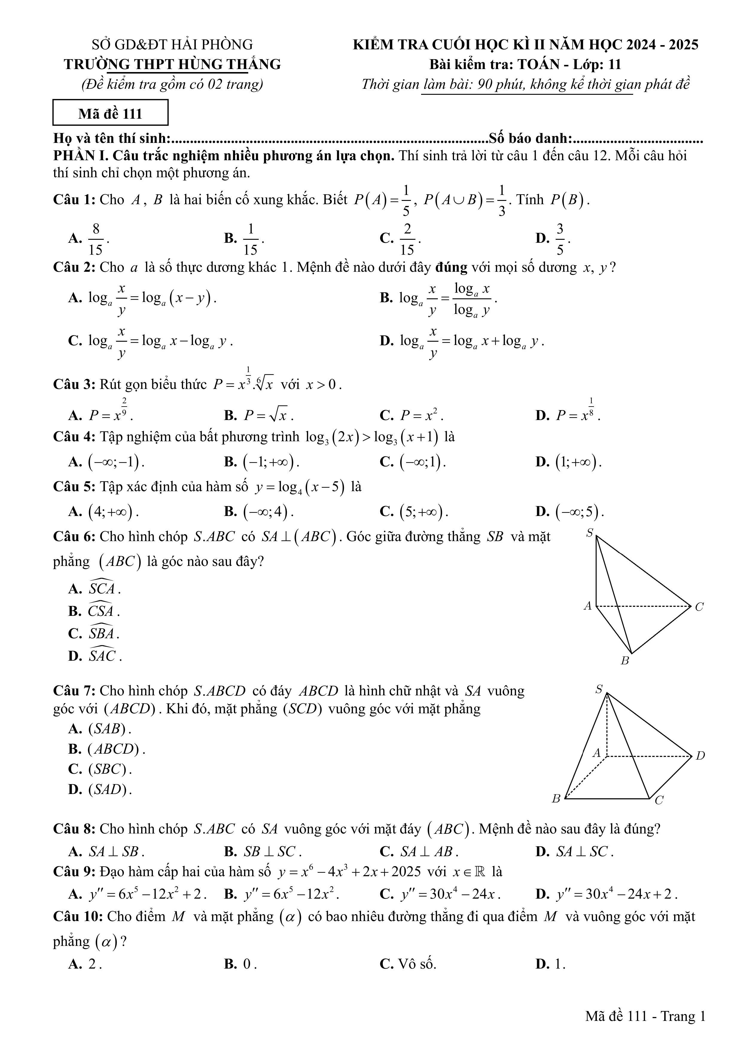 Đề thi Học kì 2 Toán 11 trường THPT Hùng Thắng (Hải Phòng) năm 2024–2025