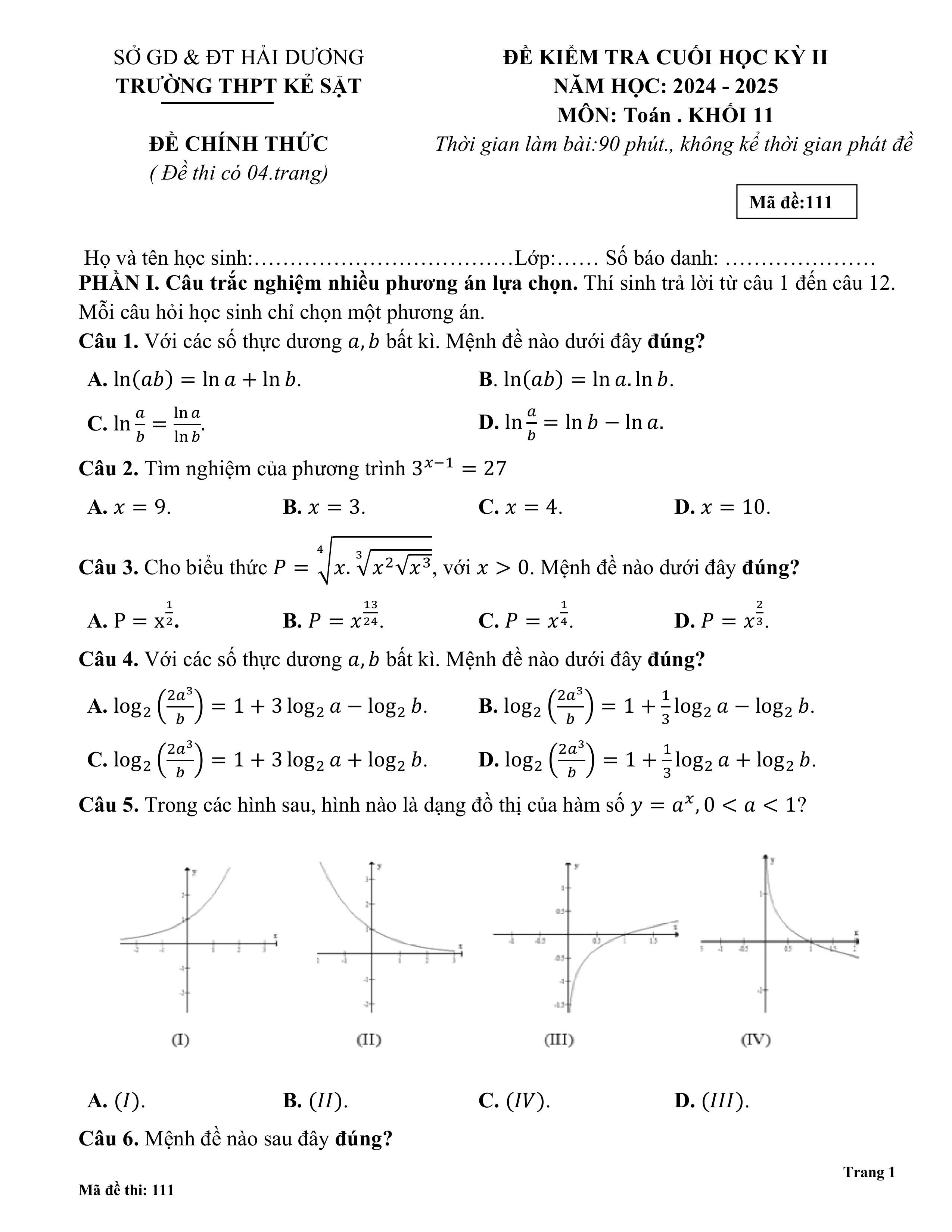 Đề thi Học kì 2 Toán 11 trường THPT Kẻ Sặt (Hải Dương) năm 2024–2025