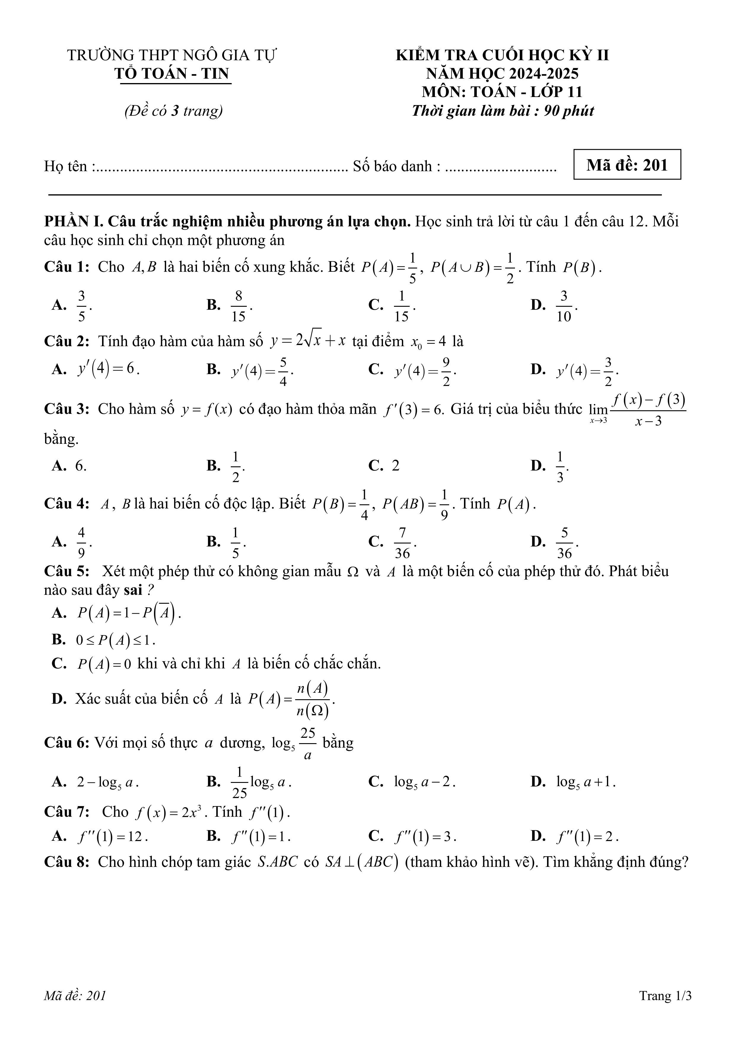 Đề thi Học kì 2 Toán 11 trường THPT Ngô Gia Tự (Đắk Lắk) năm 2024–2025