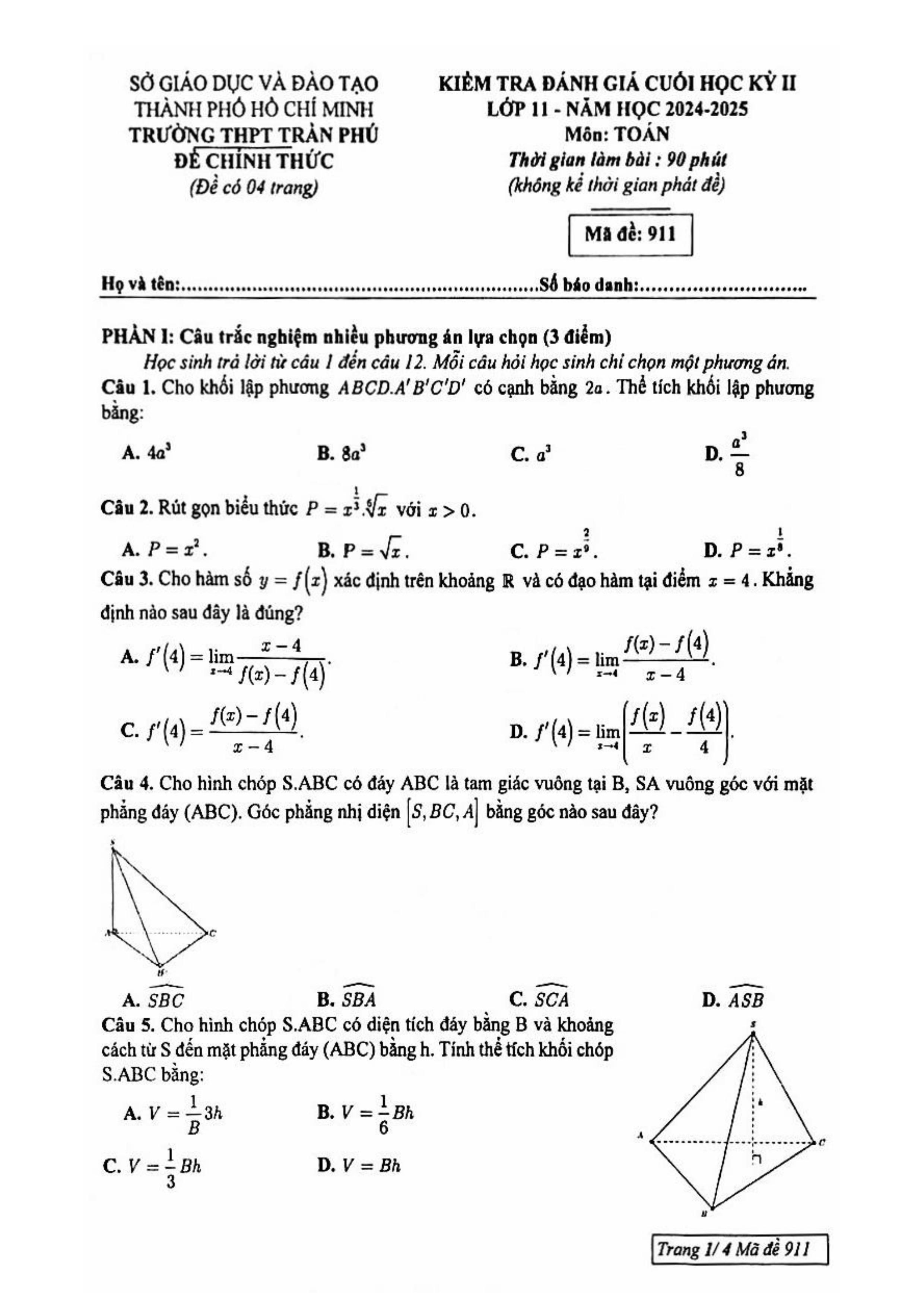 Đề thi Học kì 2 Toán 11 trường THPT Trần Phú (Hồ Chí Minh) năm 2024–2025