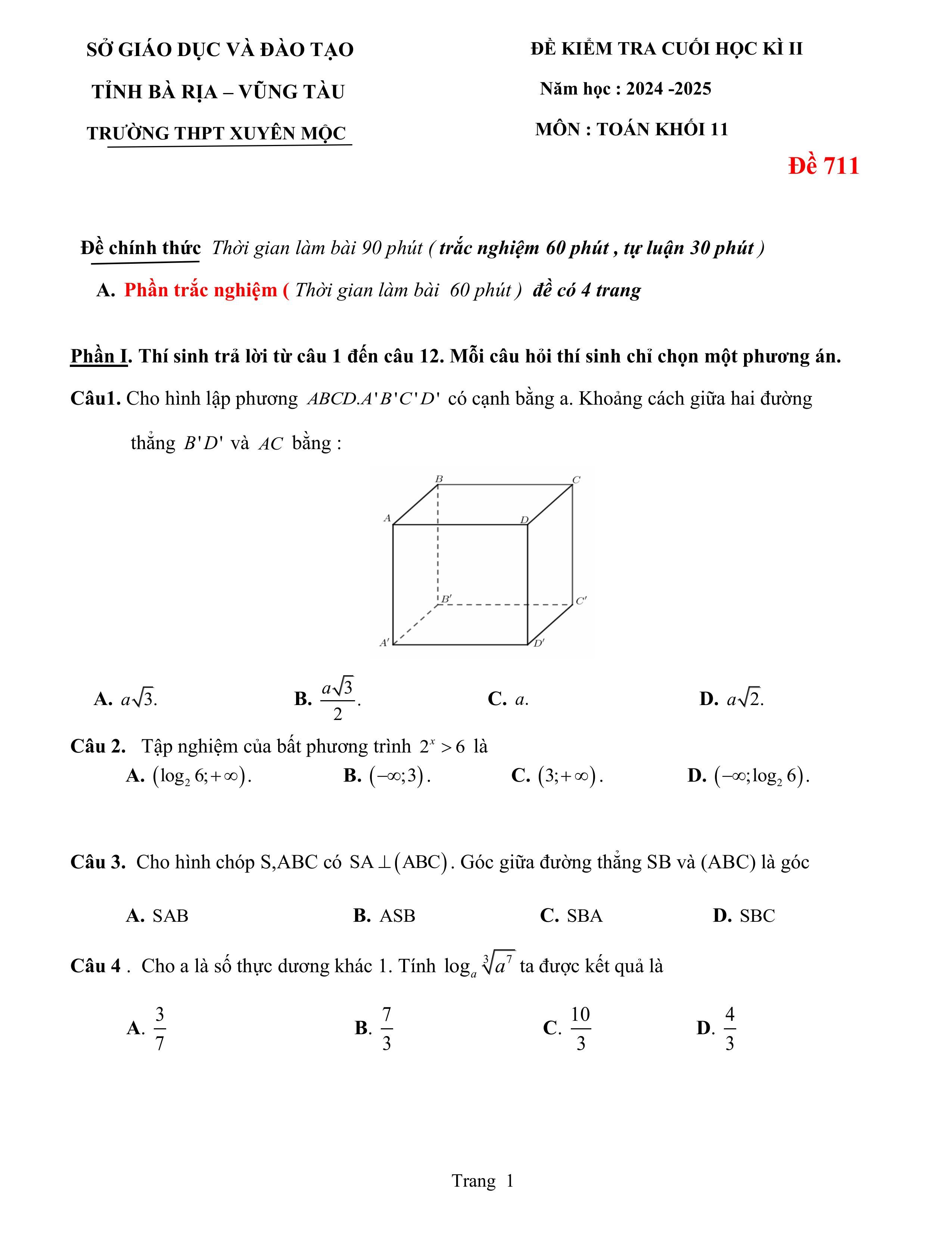 Đề thi Học kì 2 Toán 11 trường THPT Xuyên Mộc (Bà Rịa-Vũng Tàu) năm 2024–2025